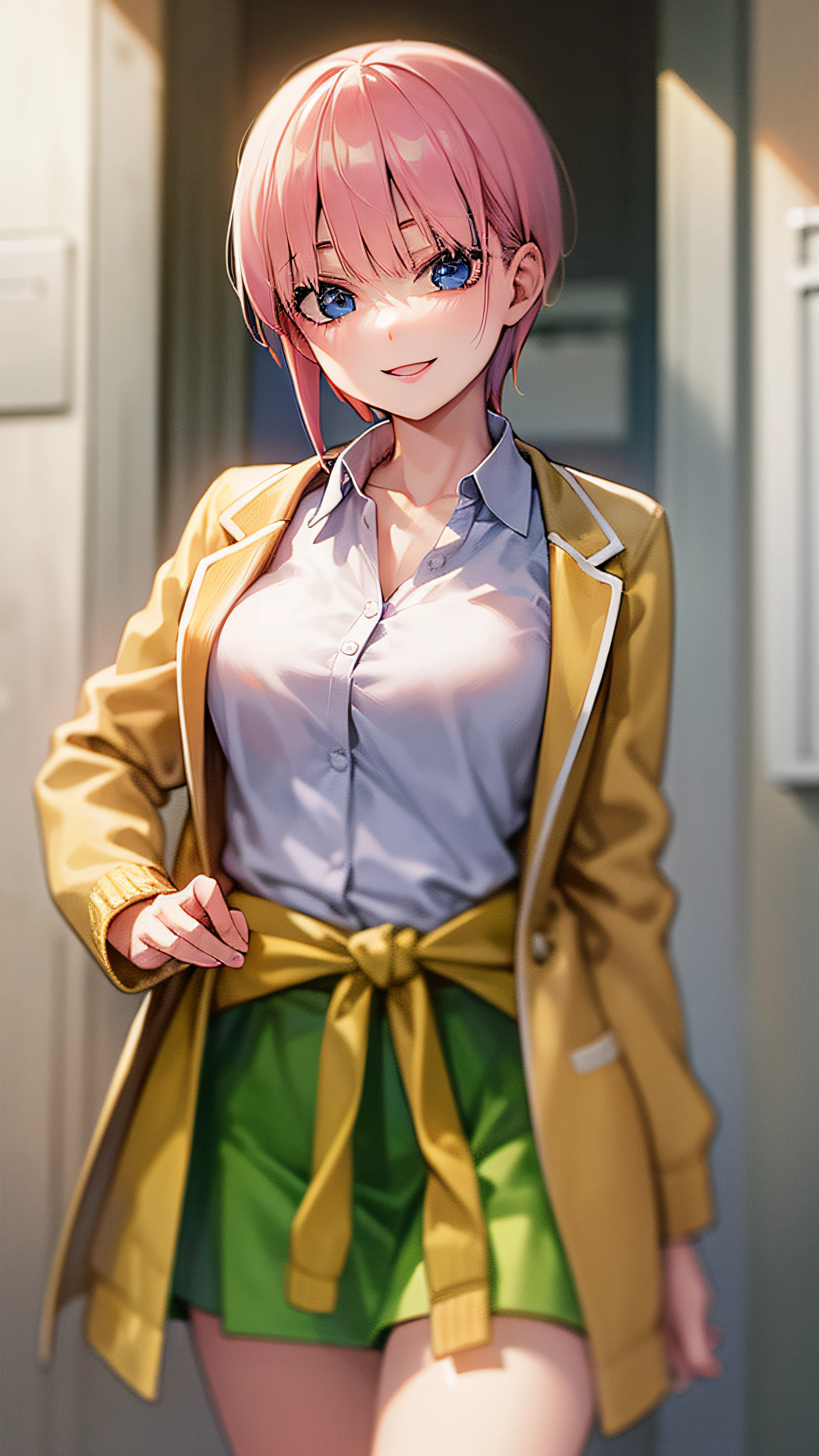 2d, masterpiece, best quality, anime, highly detailed, 1girl, solo, cowboy shot, nakano ichika, pink hair, short hair, cardigan around waist, collared shirt, green skirt, miniskirt, medium breasts, standing, school, outdoors, smile