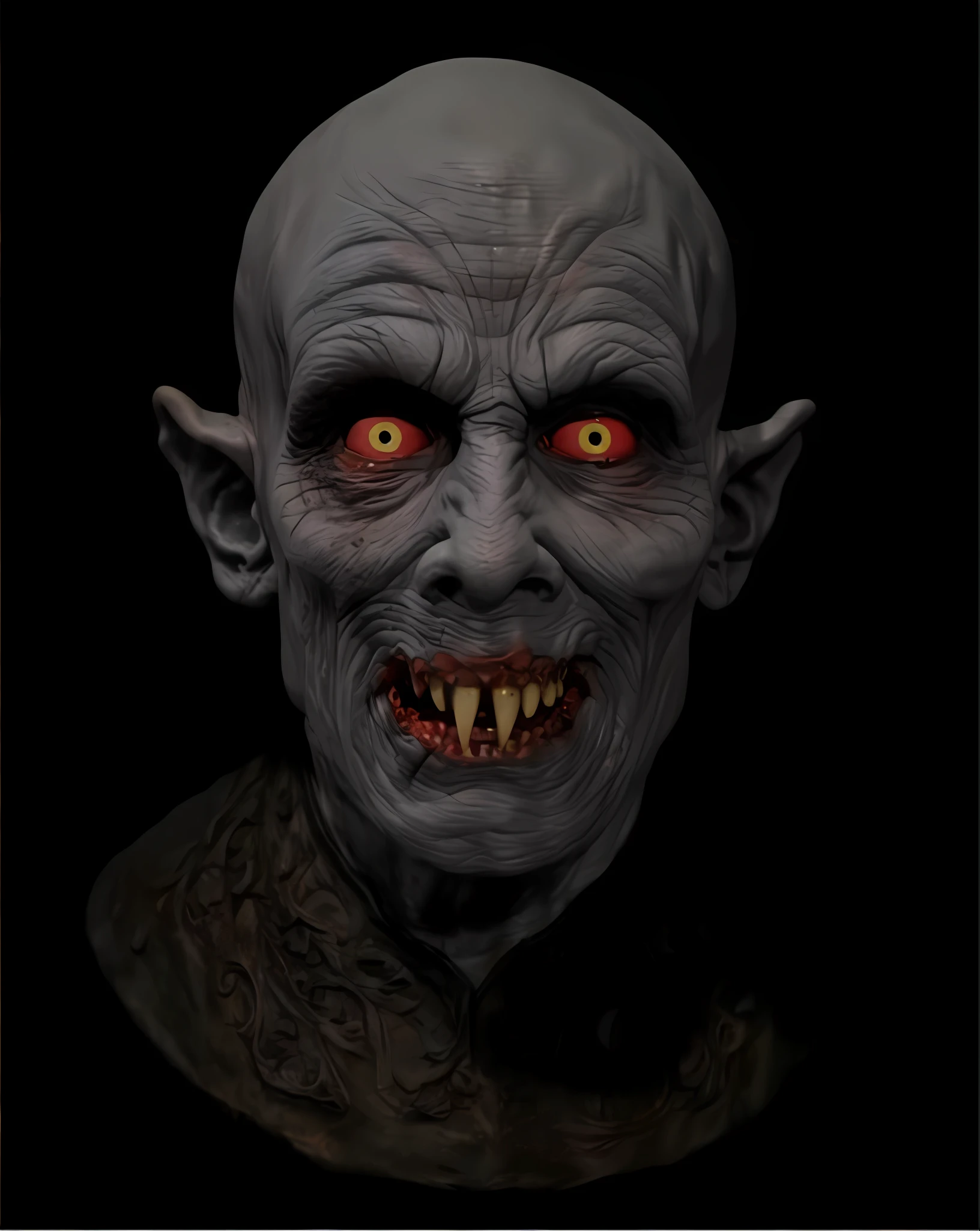 a close up of a mask with red eyes and fangs, vampiro assustador, salems revenge, well detailed head with led eyes, Estilo Nosferatu, male vampire of clan banu haqim, Nosferatu, vampiro macho, vampiro, retrato do vampiro, Vecna de Stranger Things, photo the demon Gollum, scary monster statues