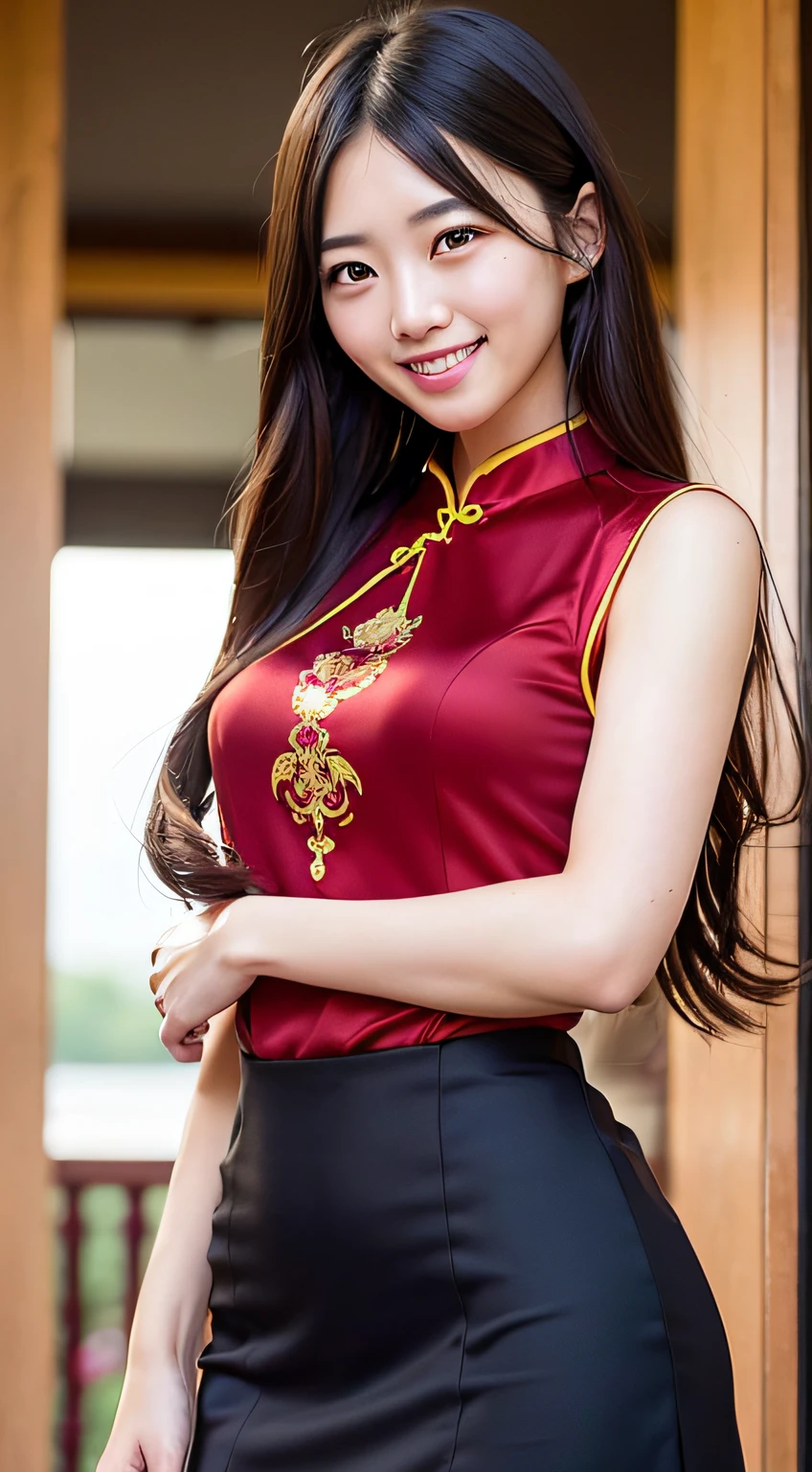 1girls、Japanese person、Beautiful people、red Cheongsam、Watching the view、Sorrisos(Sorrisos:1.15)、learge chest、beautifuldetailedeyes、sunshine、slong hair(slong hair:1.4)、(8K、maximum quality、masterwork:1.2)、(Realstic、pfotorealistic:1.37)、Ultra-detail、cowboy+mini skirt, transparent uniform