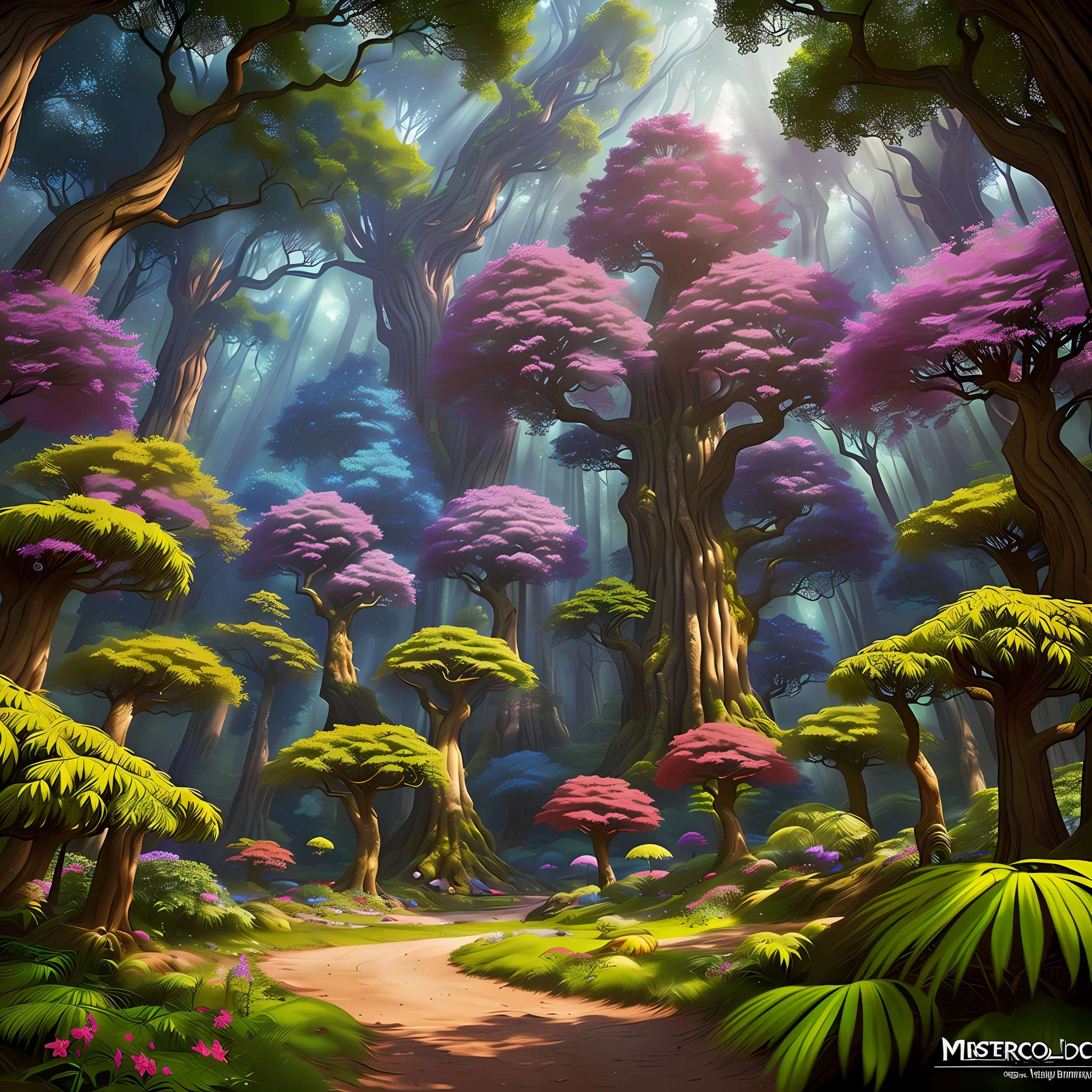 Design an abstract and fantastical psychedelic landscape set in a dense and lush forest. Let the trees morph into vibrant and whimsical forms, and populate the scene with mythical creatures like glowing fairies, majestic unicorns, and mischievous woodland spirits, highly detailed, master piece, 8k resolution