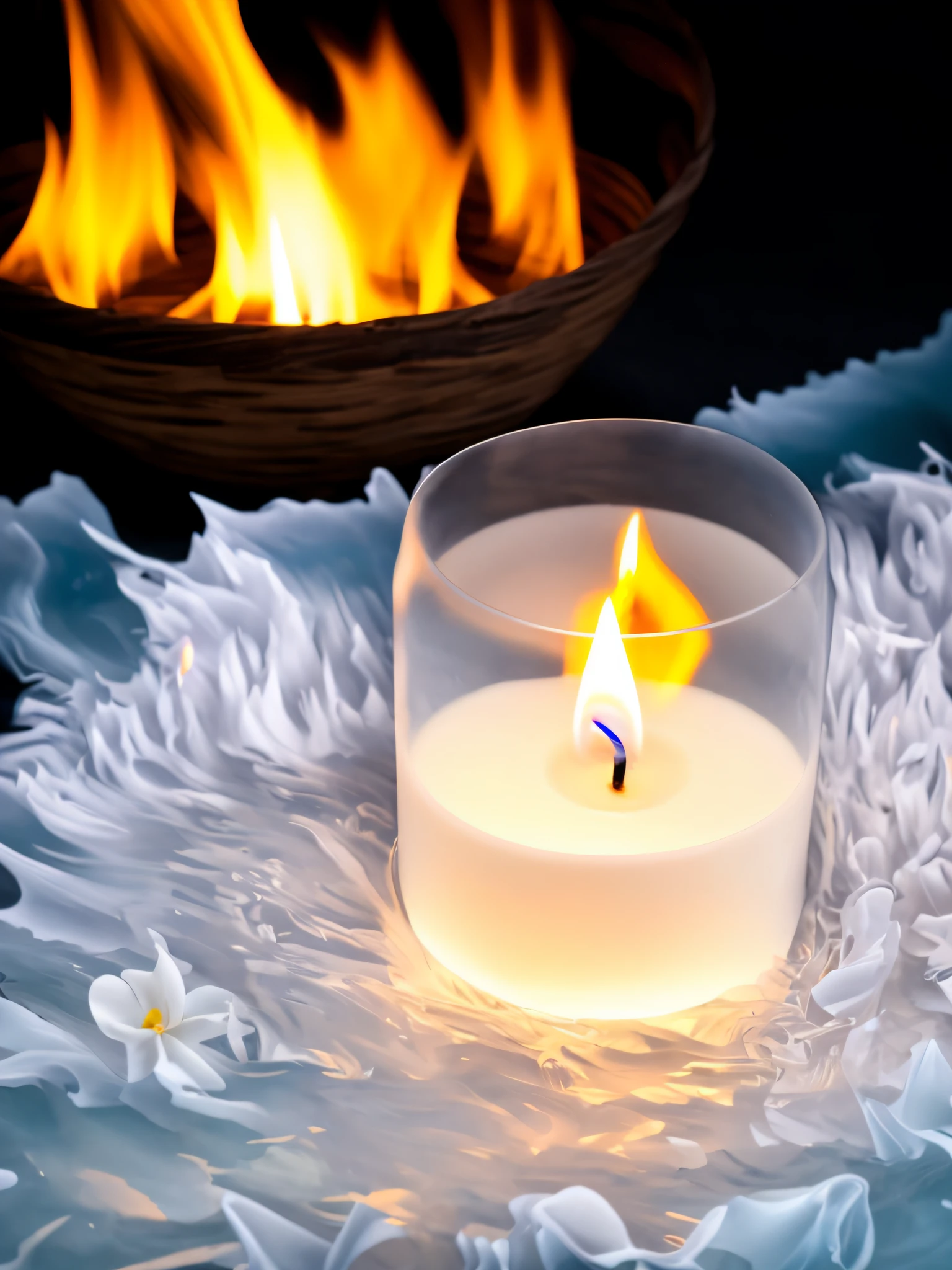 There is a cream white candle in a transparent glass sitting on a blue carpet, candle wax, white candles, waxy candles, natural candle lighting, jasmine, white wax, waxy candles, high key, high - key, candle lit, a white background, waxy candles, candle dripping white wax, soft texture, softly lit, is a stunning, high key, beautifully lit,ocean waves,high-definition,Big flames