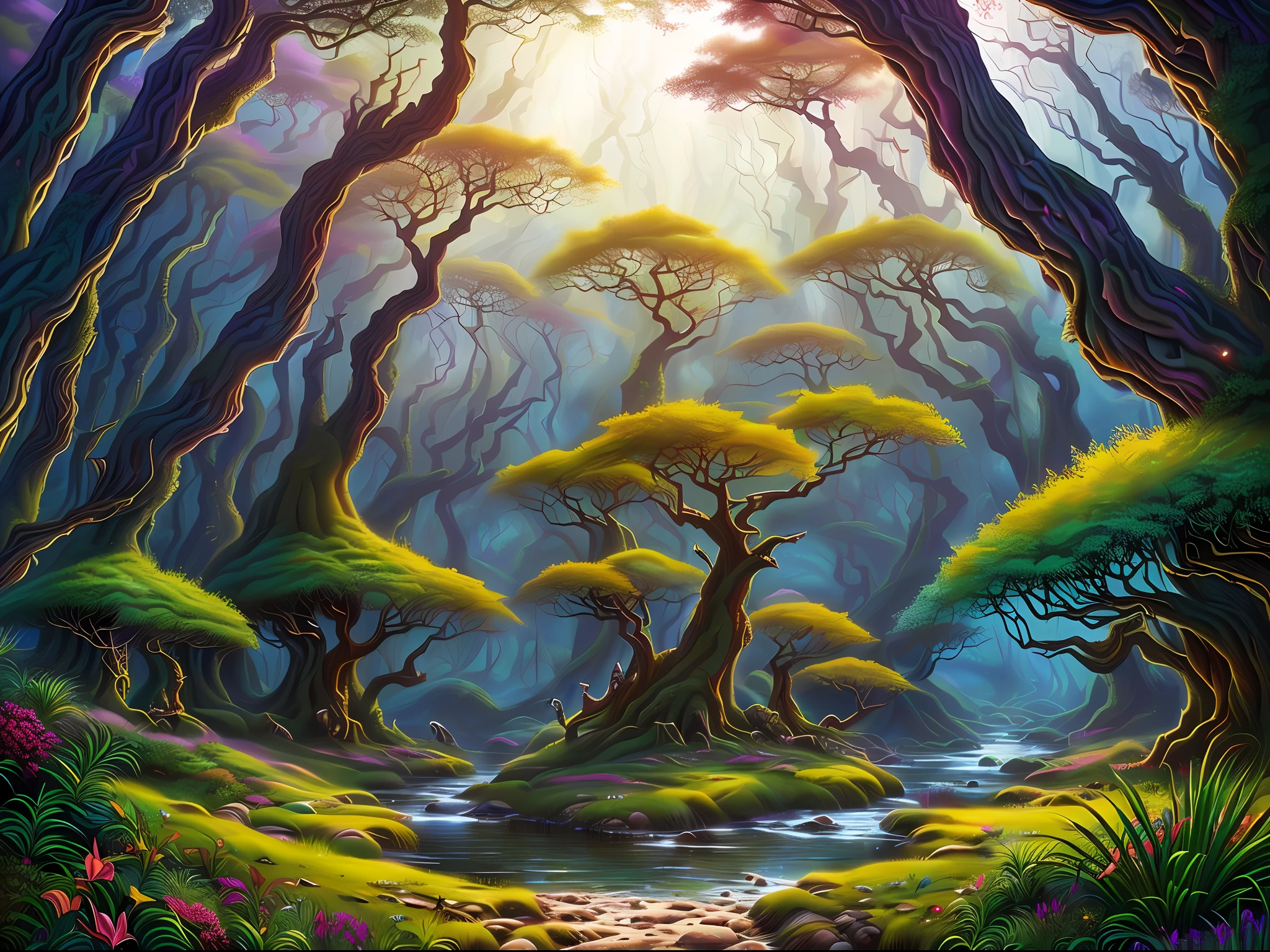 Design an abstract and fantastical psychedelic landscape set in a dense and lush forest. Let the trees morph into vibrant and whimsical forms, and populate the scene with mythical creatures like glowing fairies, majestic unicorns, and mischievous woodland spirits, highly detailed, master piece, 8k resolution
