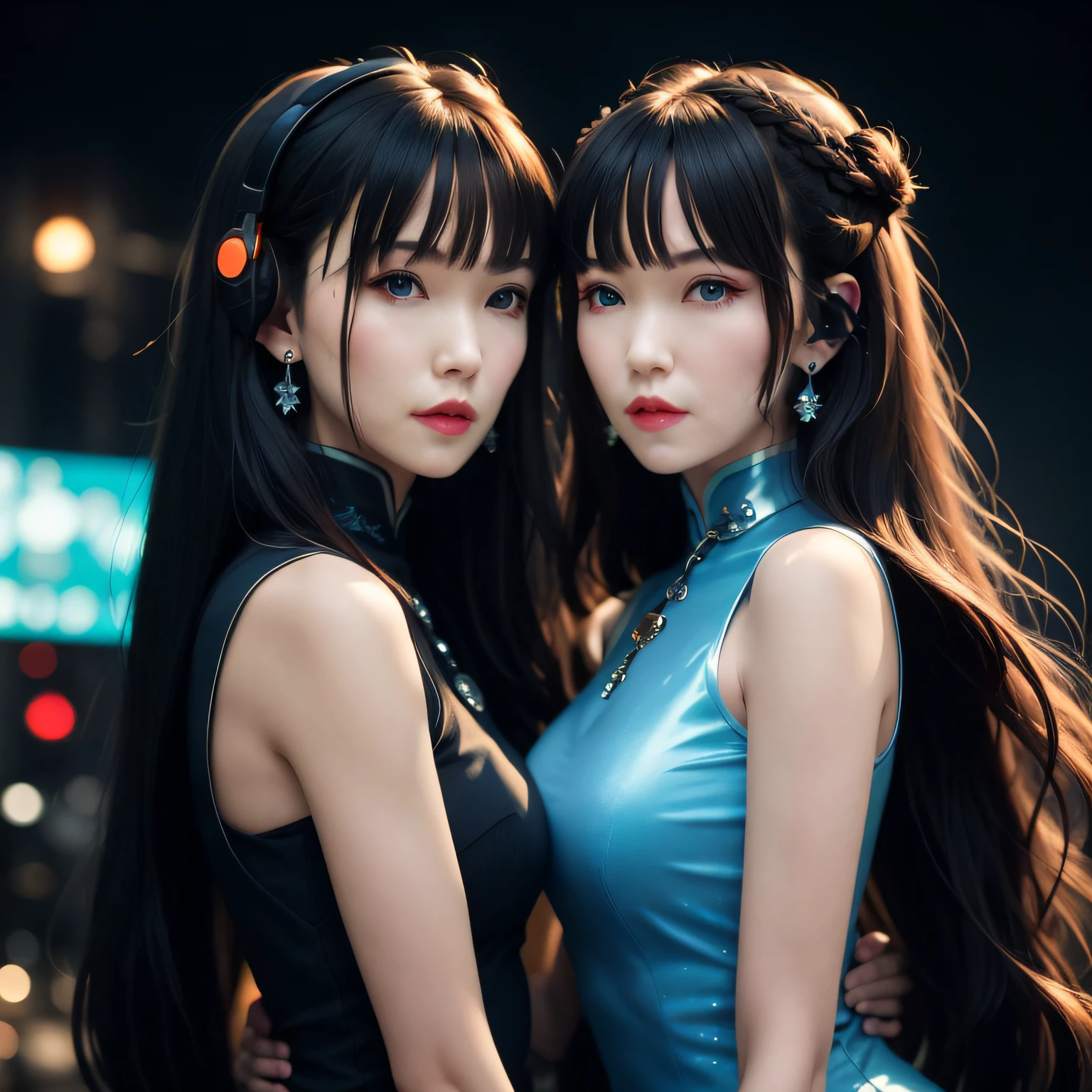 1 girl, Chinese_clothes, liquid silver and orange, cyberhan, cheongsam, cyberpunk city, dynamic pose, shiny headphones, shiny hair accessories, long hair, shiny earrings, shiny necklace, cyberpunk, high-tech city, full of mechanical and futuristic elements, futurism, technology, bright neon, orange, orange light, transparent tulle, transparent streamers, laser, digital background urban sky, big moon, with vehicles, best quality, masterpiece, 8K, character edge light, super high detail, high quality, the most beautiful woman in humans, micro smile, symmetrical left and right face, an antenna for ears, beautiful pupil light effects, visual data