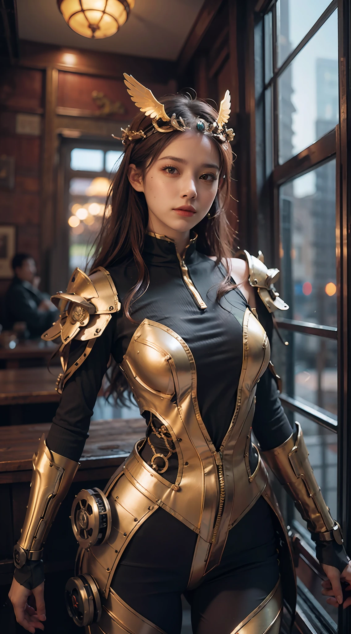panorama, full body, best quality, masterpiece, super high resolution, (realism:1.4), absurdity, cinema lights, (best vista photo of mechanical girl), ((glowing light)), (phoenix pattern on clothes), golden, (wings headdress), long hair, red eyes, smile, delicate headdress, extremely detailed face, surrealism, steampunk, intricate design, extremely detailed, exquisite detail, HDR (High Dynamic Range), ray tracing, Unreal 5, subsurface scattering, PBR texture, Post-processing, Anisotropic filtering, Depth of field, Maximum sharpness and sharpness, Multi-layer textures, Albedo and highlight maps, Surface shading, Accurate simulation of light-material interactions, Perfect Proportions, Octane Rendering, Two-tone Lighting, Low ISO, White Balance, Rule of Thirds, Wide Aperture, 8K RAW, High Efficiency Sub-Pixel, Subpixel Convolution, Luminescent Particles, Light Scattering, Tyndall Effect