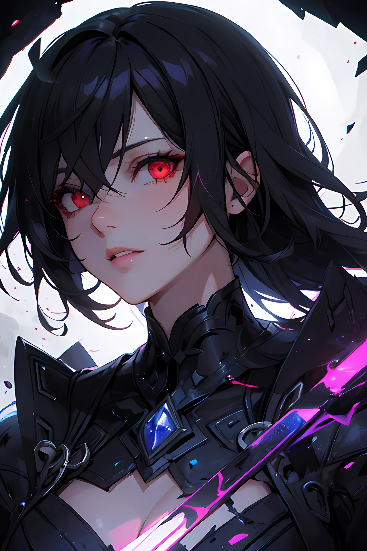 (detailed background,dark fantasy), (beautiful detailed face), high contrast, (best illumination, an extremely delicate and beautiful), ((cinematic light)), colorful, hyper detail, dramatic light, intricate details, (1 girl, solo,black hair, sharp face,red eyes, hair between eyes,dynamic angle), blood splatter, swirling black light around the character, depth of field,black light particles,(broken glass),