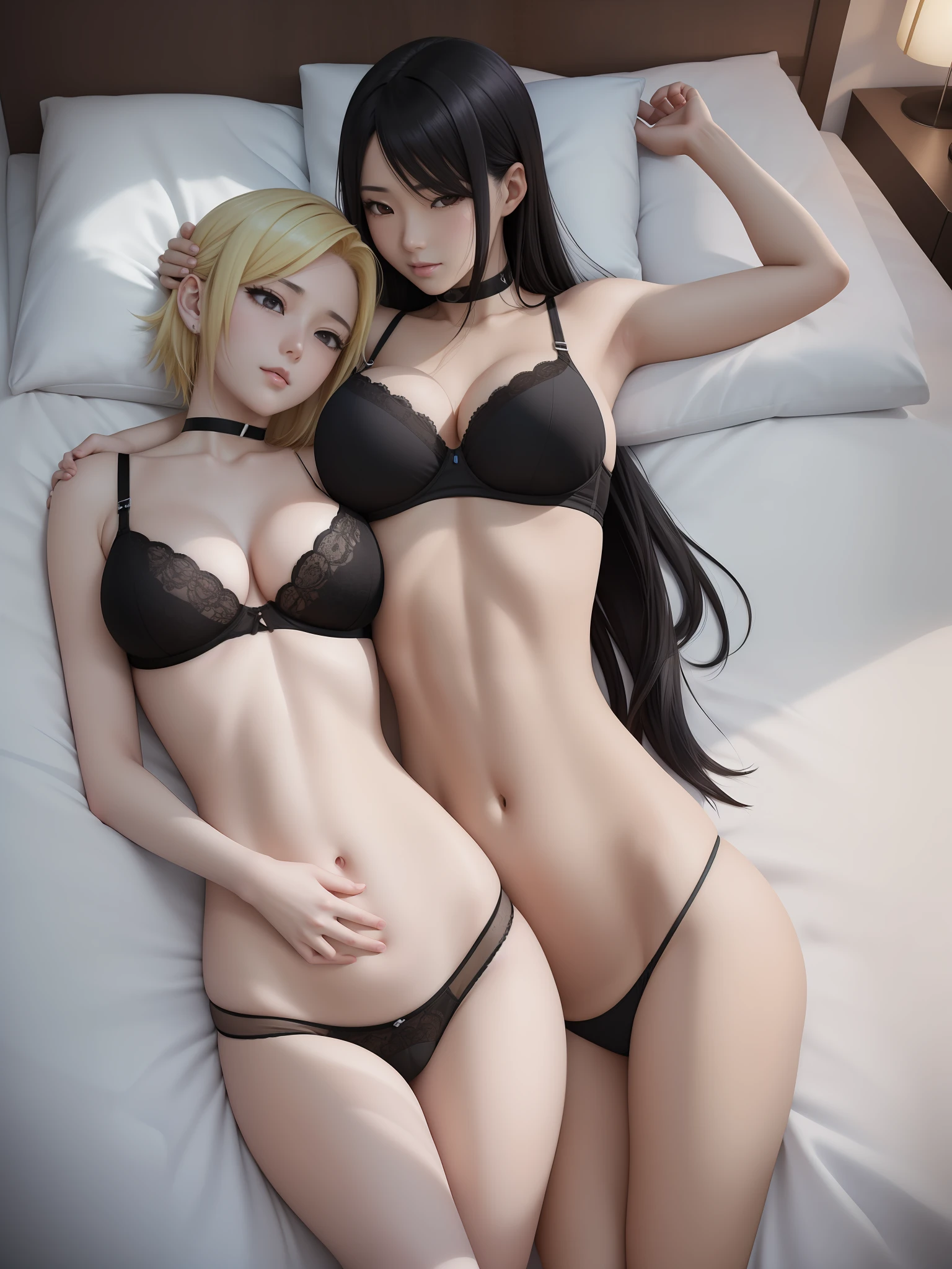 masterpiece, ultra detailed, realistic anime, two asian women in bed, one with short blonde hair, one with long black hair, lying in bed, cuddling, side hug, aroused expressions, looking at each other, loose black bra and panties, choker, (longtorso:1.2), tall, wide hips, big boobs