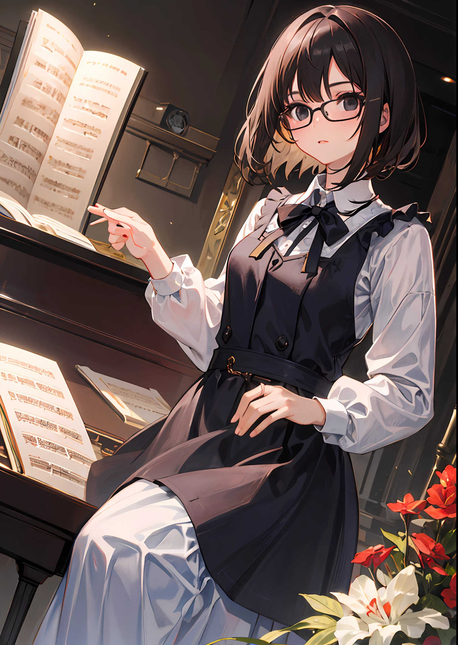 1girls, Black eyes, Brunette Hair,shorter hair,eye glass,piano, long sleeve,Long skirt