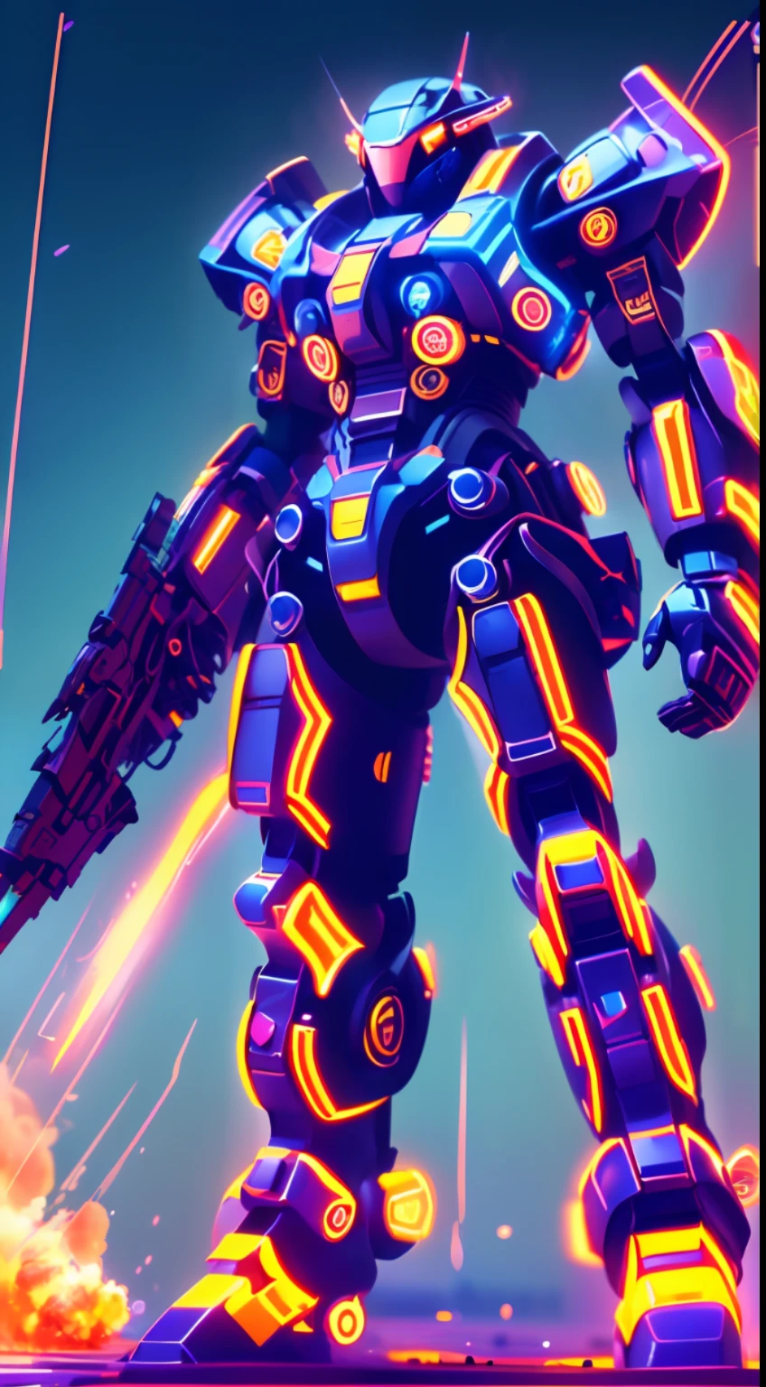 ((Best quality)), ((detailed )), ((Masterpiece)) - In a futuristic battlefield, a pilot stands alongside their towering mech, ready for action. The pilot is clad in a high-tech suit, equipped with advanced sensors and communication systems. The mech itself is a marvel of engineering, with sleek lines, powerful weapons, and glowing energy cores. The scene is filled with debris, exploding, and smoke, capturing the intensity of the battle. (Digital illustration: 1.2, High resolution: 1.1)