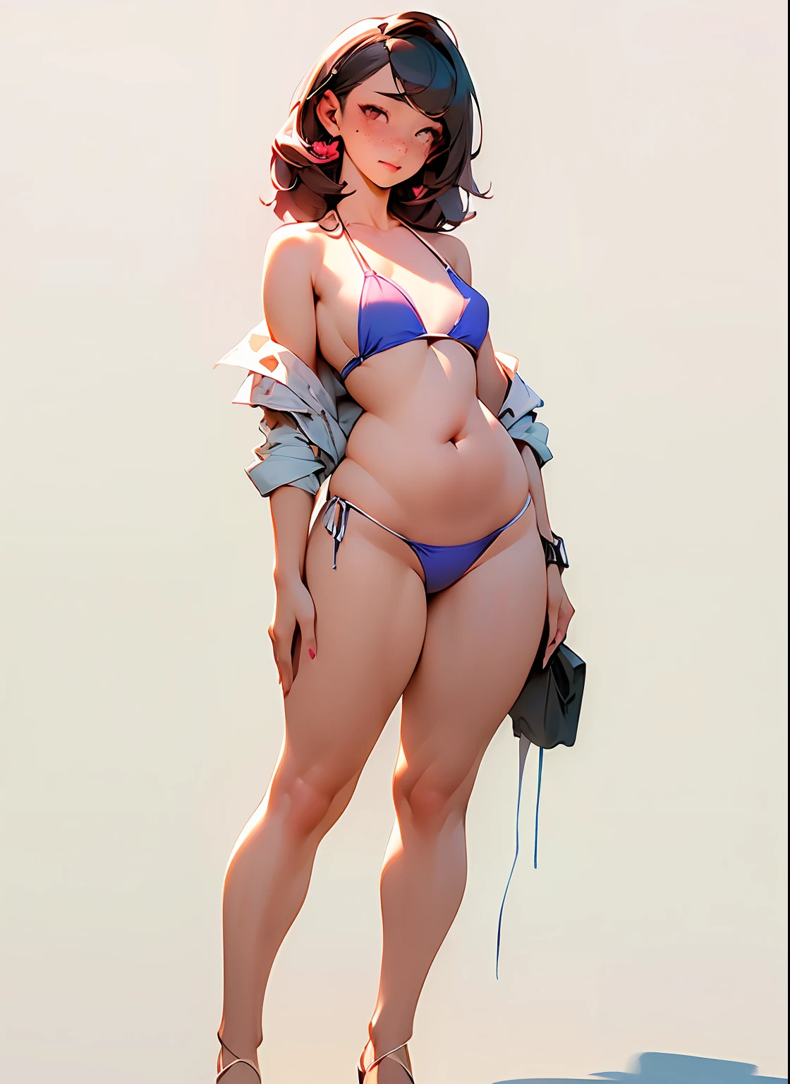 (slightly chubby waist: 1.7), wide hips, thick thighs, anatomically correct, (head to toe: 2.0), (full body image: 1.8), 1girls, solo, (string bikini 1.6), deviant art, masterpiece, highly detailed, bright eyes, detailed eyes, expressive detailed eyes, wide eyed, detailed pupils, blush, (tiny bikini:1.4), small breasts, ((nipping out:1.4)), (((nipping out))), lots of freckles, super textured detailed skin, entire body image, full body shot, professional photograph, (no jacket: 1.9), 360 view