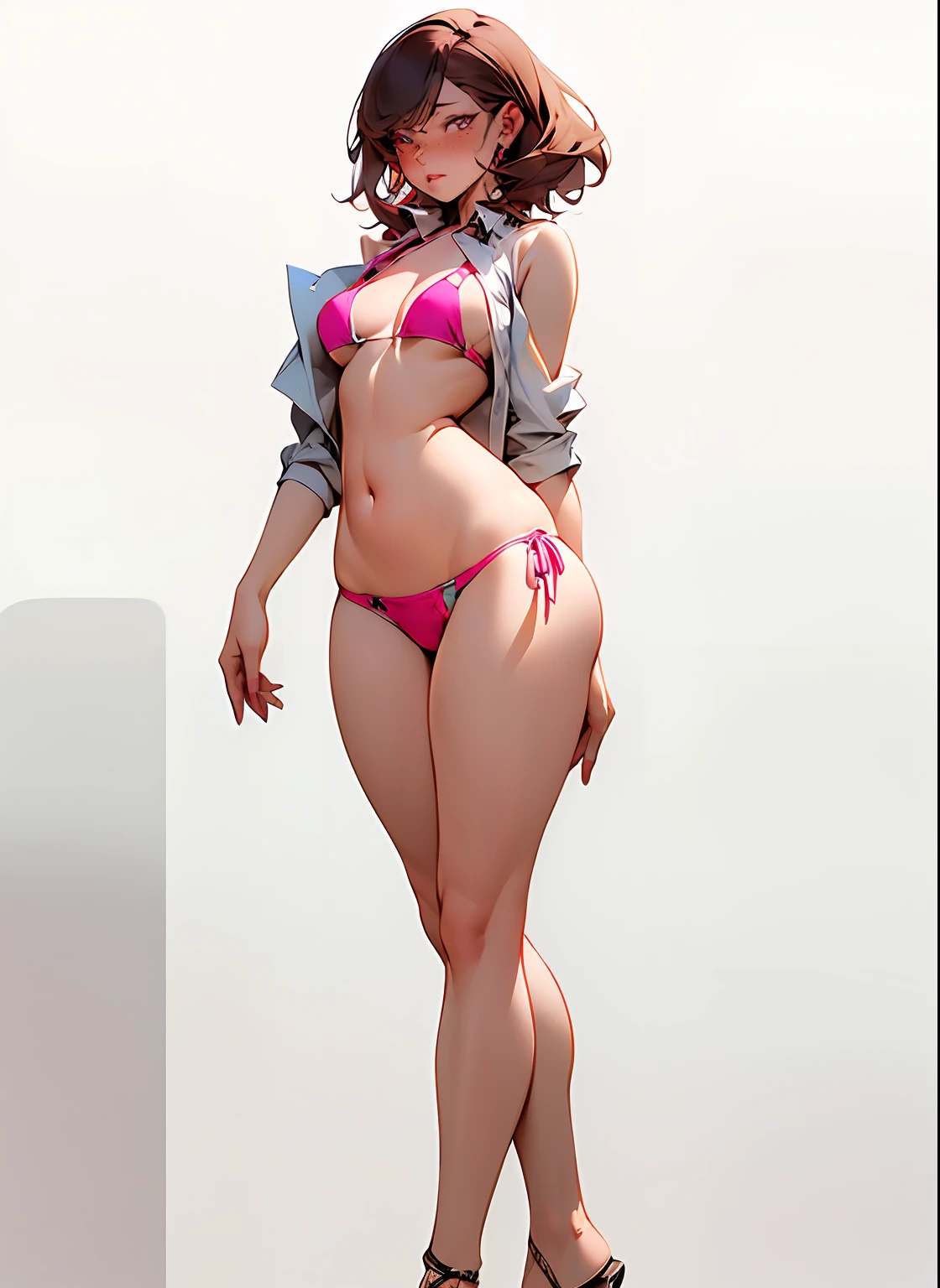 (slightly chubby waist: 1.7), wide hips, thick thighs, anatomically correct, (head to toe: 2.0), (full body image: 1.8), 1girls, solo, (string bikini 1.6), deviant art, masterpiece, highly detailed, bright eyes, detailed eyes, expressive detailed eyes, wide eyed, detailed pupils, blush, (tiny bikini:1.4), small breasts, ((nipping out:1.4)), (((nipping out))), lots of freckles, super textured detailed skin, entire body image, full body shot, professional photograph, (no jacket: 1.9), 360 view