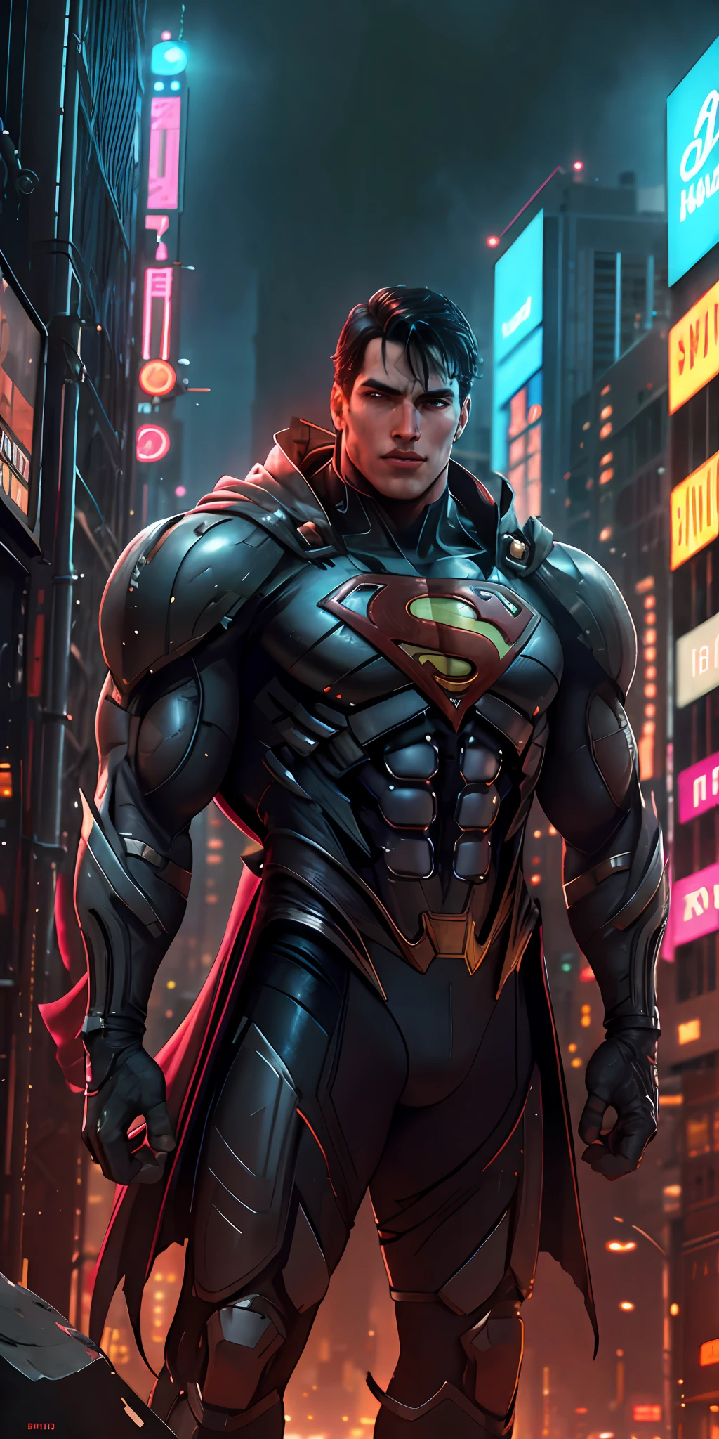 Superman high-tech stands imposing in a cyberpunk city. Neon highlights your muscles and scars. The scenery is lush and mysterious, with night city and surroundings. The camera details everything, neon lights, rain