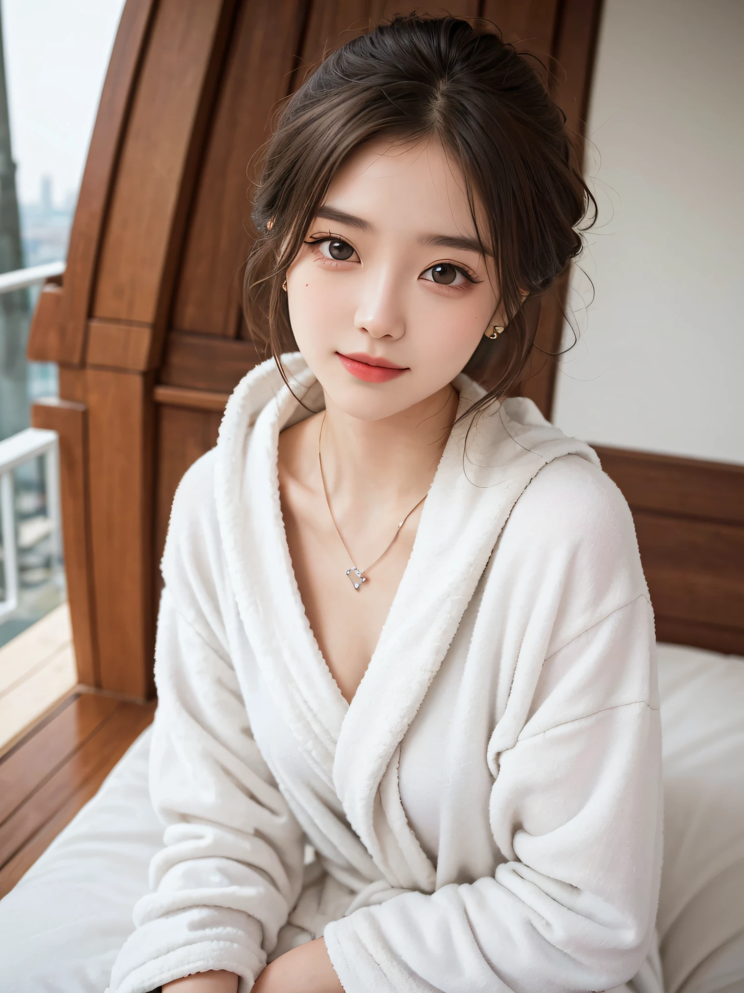 8k resolution, ultra HD, photo realistic, realism, 18 years old, beautiful and cute girl, best quality, a delicate beautiful girl, petite figure, big eyes with a god, long eyelashes, sweet eyes with lying silkworms, sweet smile, facial highlights, S-shaped body, sexy body, hot body, pendant, stud earrings, large curls, (light hair))), ((dressing gown_white))), shoulder clothes slide, outdoor, balcony, light, dynamic angle, photo: safety