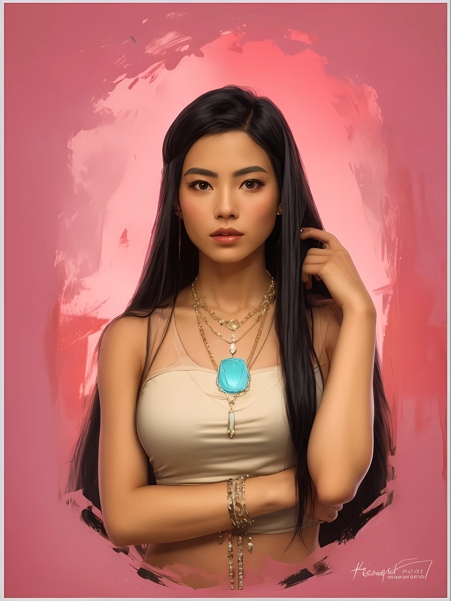 extremamente realista, Cores abstratas, textura, filmic grain, poros da pele, dusty atmospheric haze, vinheta, intrincado hasselblad dslr 8K RAW foto de retrato, a woman with long black hair and a necklace on her neck, Pocahontas, Retrato de Pocahontas