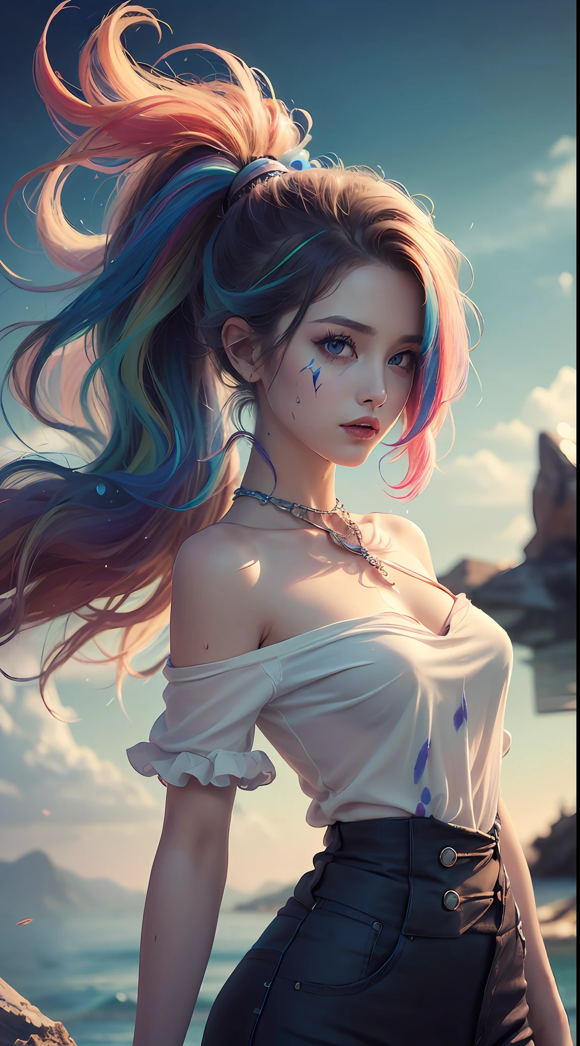 （Pink Fashion T-shirt：1.9），(Colorful hair: 1.8), (all the colours of the rainbow: 1.8),(((((vertical painting：1.6))), （painting：1.6），front, comics, illustrations, paintings, large eyes, crystal clear eyes,（ rainbow color gradient high ponytail：1.7）, exquisite makeup, closed mouth,(Small Fresh: 1.5),(Wipe Chest: 1.6) ，long eyelashes, white off shoulder T-shirt,  White Shoulder Shirt，looking at the audience, large watery eyes, (rainbow colored hair：1.6), color splash, （solo：1.8）, color splash, color explosion, thick paint style, messy lines, ((shining))，(colorful), (colorful), (colorful), colorful, Thick Paint Style, (Splash) (Color Splash), Vertical Painting, Upper Body, Paint Splash, Acrylic Pigment, Gradient, Paint, Highest Image Quality, Highest Quality, Masterpiece, Solo, Depth of Field, Face Paint,  colorful clothes, (Elegant: 1.2), gorgeous,long hair, wind, (Elegant: 1.3), (Petals: 1.4)，(((masterpiece))),(((best quality))),((ultra-detailed)),(illustration),(dynamic angle),((floating)),(paint),((disheveled hair)),(solo),(1girl) , (((detailed anima face))),((beautiful detailed face)),collar,bare shoulders,white hair, ((colorful hair)),((streaked hair)),beautiful detailed eyes,(Gradient color eyes),(((colorful eyes))),(((colorful background))),(((high saturation))),(((surrounded by colorful splashes))), --auto