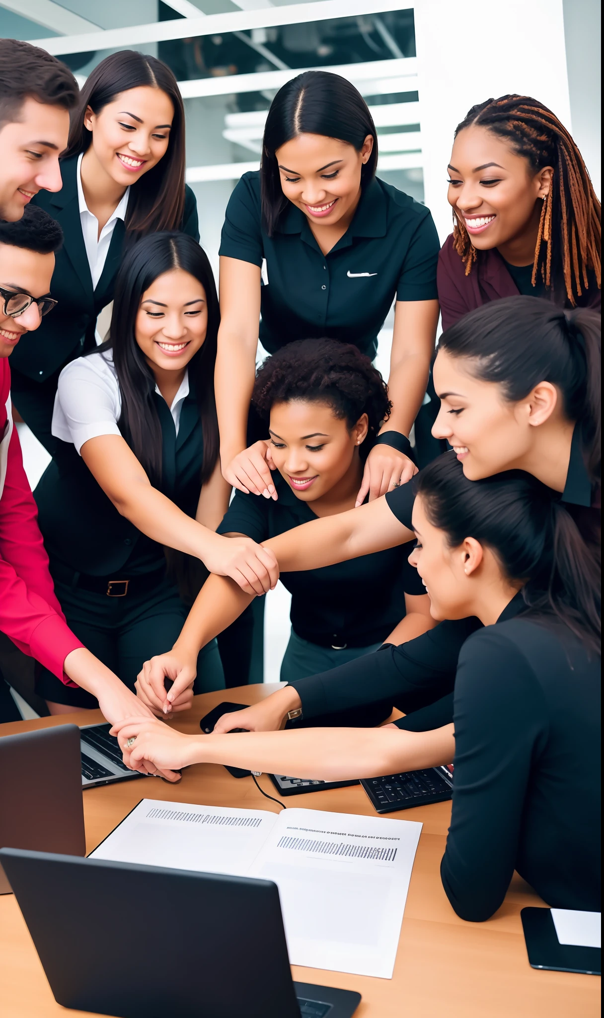 Generate an image that depicts skilled young talents working together as a team in a professional and motivating atmosphere. The image should convey the concept of inclusion, diversity, and professional growth. It can include elements such as people interacting, a modern workspace, and symbols that represent learning and development. Be creative and prioritize a vibrant and inspiring aesthetic