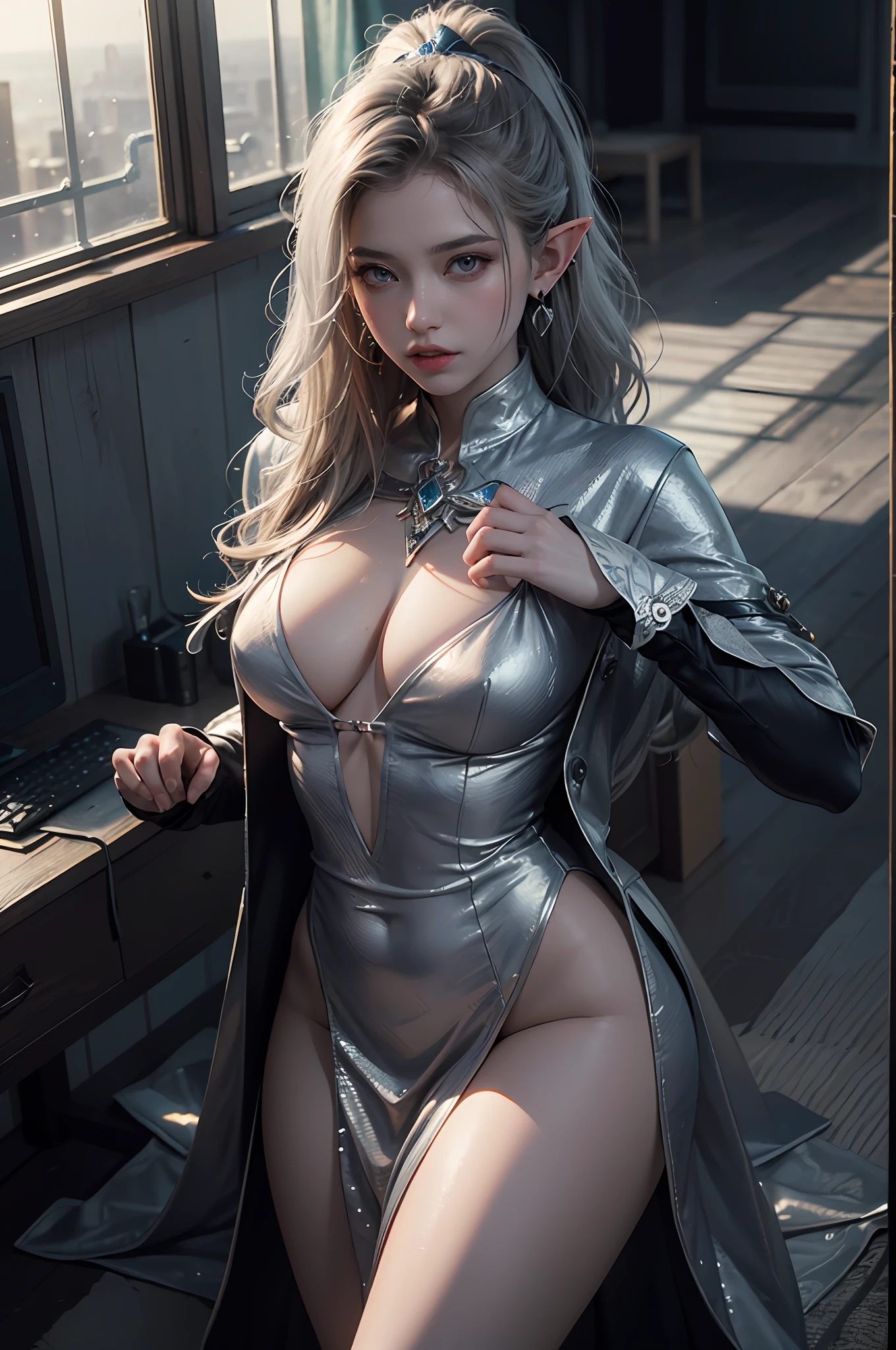 ((best qulity)), ((A masterpiece)), (detail:1.4), 3D, A beautiful elven fantasy beautiful girl,Elf long ears,ear studs,((Long silver hair,Double ponytail:1.9)),(Purple princess dress:1.4)(Western European medieval style,Metal Temple,:1.6),Metallic sequins,Fantasy wind,close-up to face,Extremely normal hands,Extremely normal legs,hdr(High dynamic range),ray traicing,NVIDIA RTX,The ultra-Resolution,Unreal 5,Subsurface scattering、PBR Texture、Postprocess、Anisotropic filtration、depthoffield、Maximum clarity and clarity、Multilayer Texture、Albedo e mapas Speculares、Surface Coloring、Accurate simulation of light-material interactions、perfectly proportioned、octane render aesethic、Two-colored light、Large aperture、Low ISO、White balance、rule of thirds、8K RAW
