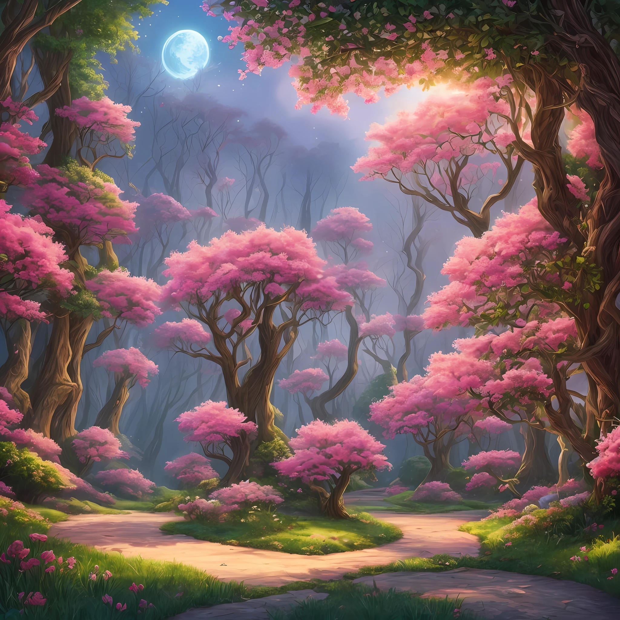 Fairytale fantasy forest where (todo es de color rosa)) . Pintura digital, artstation, arte conceptual, enfoque suave, clear, illustartion, Artstation, --auto