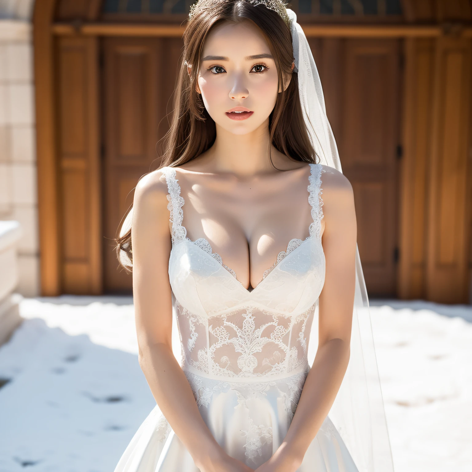 girl,Snow white wedding dress,Slender bare shoulders,Detailed chest,Detailed eyes,Toned body,Full body diagram,Detailed cleavage