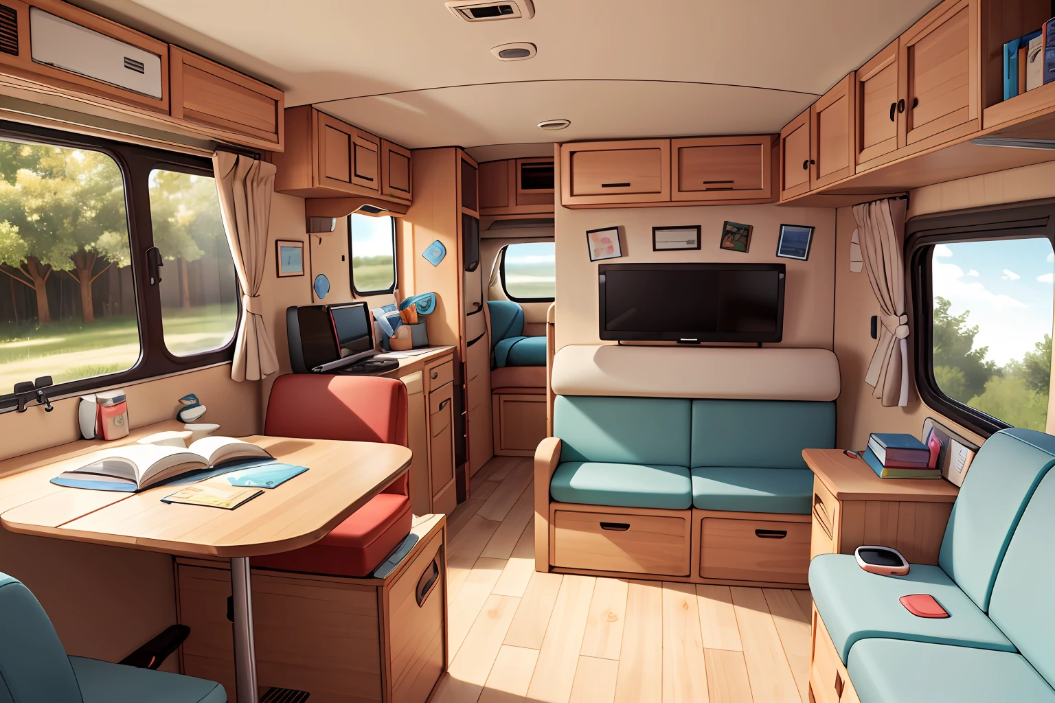 Interior of Camper Volkswagen California model T1 for teenager, adapted to play and read