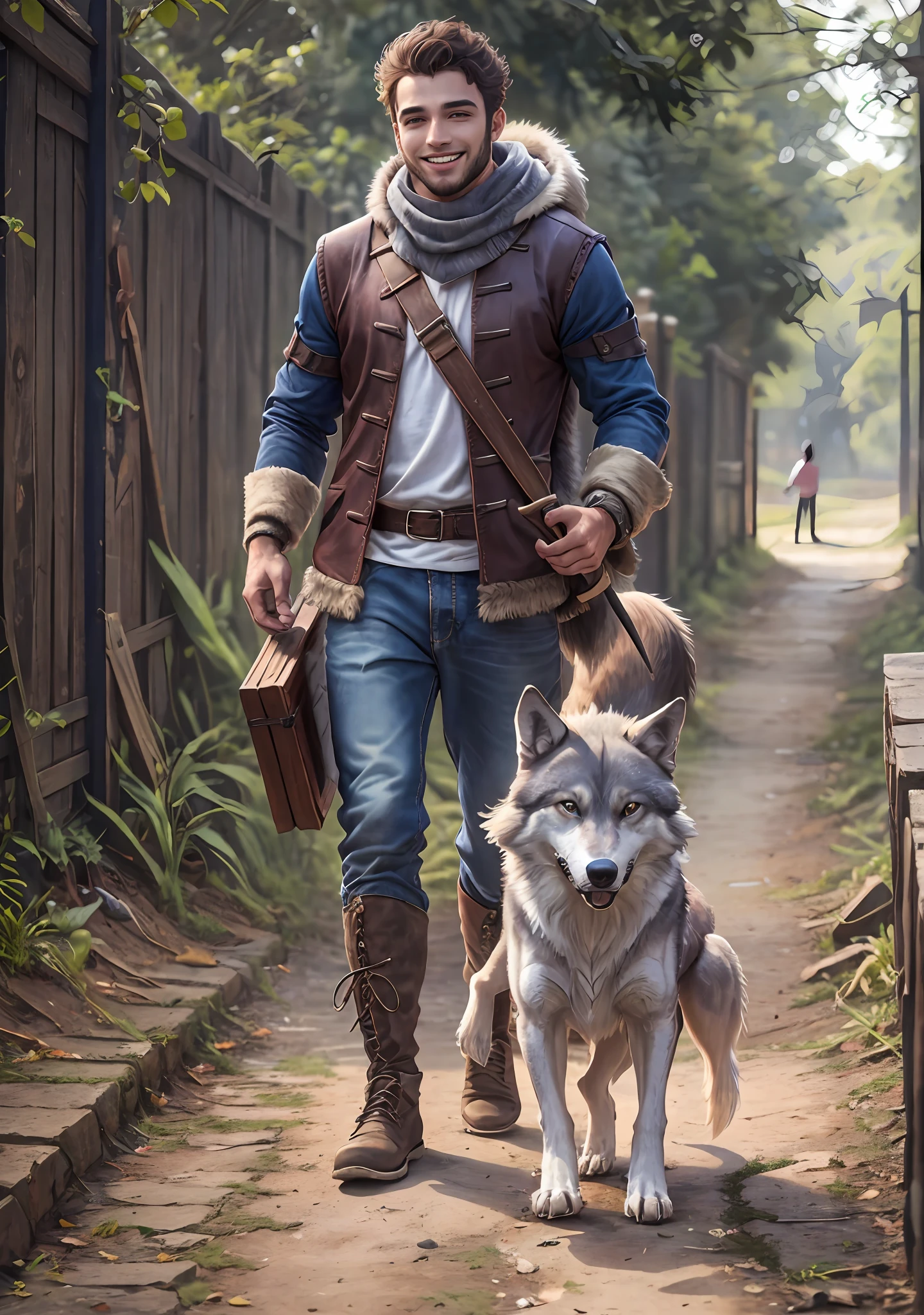 Um homem, of average height, Ele possui cabelos castanhos e ondulados que caem sobre seus ombros, His eyes are bright blue, sempre cheios de vivacidade e curiosidade, tem um sorriso cativante que ilumina seu rosto, Ele veste roupas coloridas e leves, adequadas para um viajante que valoriza a liberdade de movimento,He always carries his lute with him, your pet wolf