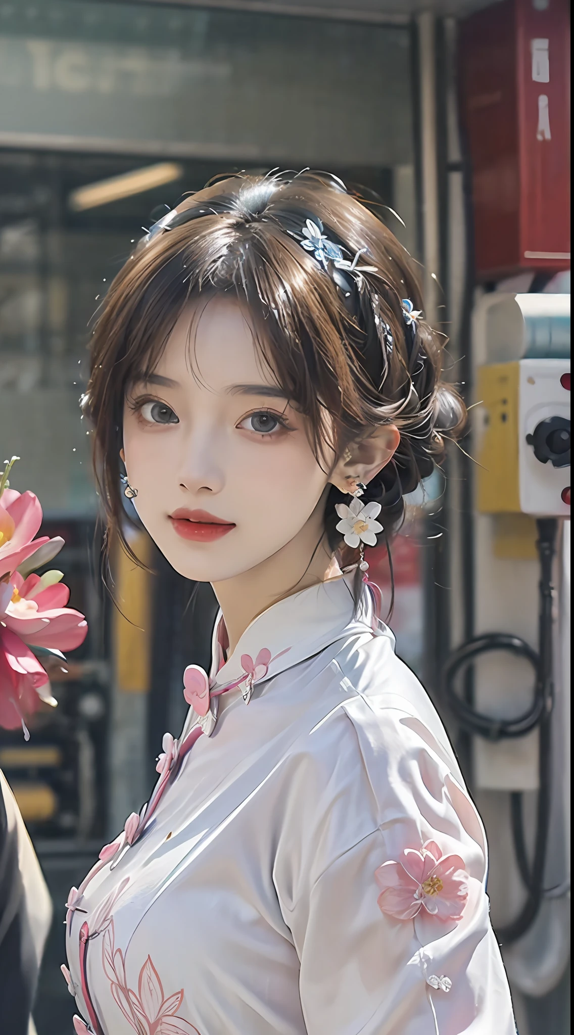 (masterpiece, top quality, best quality, official art, beautiful and aesthetic:1.2), (a beautiful girl in vintage aodai:1.3), extremely detailed,(fractal art:1.1),(colorful:1.1)(flowers:1.3),highest detailed,(zentangle:1.2), (dynamic pose), street, cyberpunk, (shiny skin), (many colors:1.4), ,(earrings:1.4),
