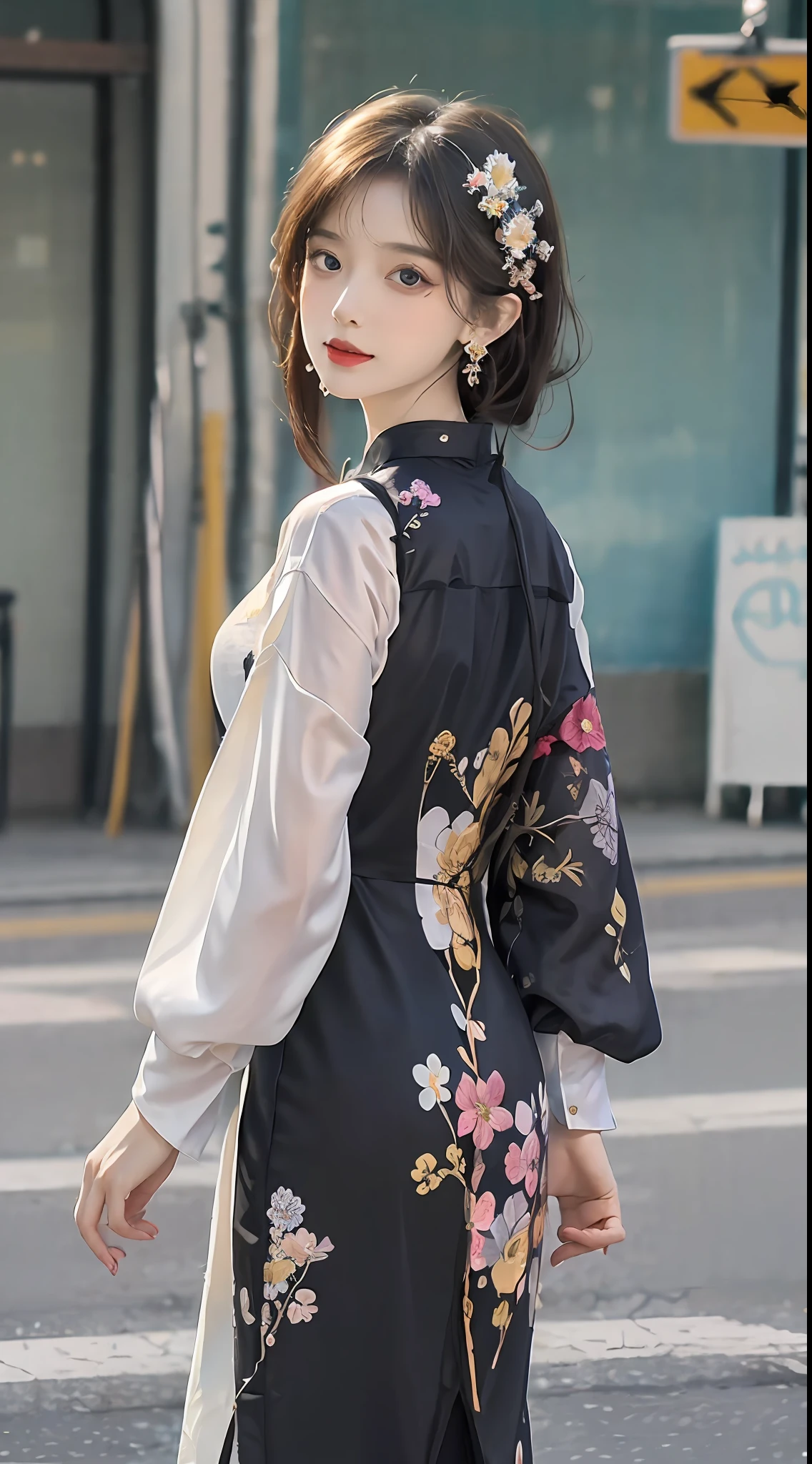 (masterpiece, top quality, best quality, official art, beautiful and aesthetic:1.2), (a beautiful girl in vintage aodai:1.3), extremely detailed,(fractal art:1.1),(colorful:1.1)(flowers:1.3),highest detailed,(zentangle:1.2), (dynamic pose), street, cyberpunk, (shiny skin), (many colors:1.4), ,(earrings:1.4),
