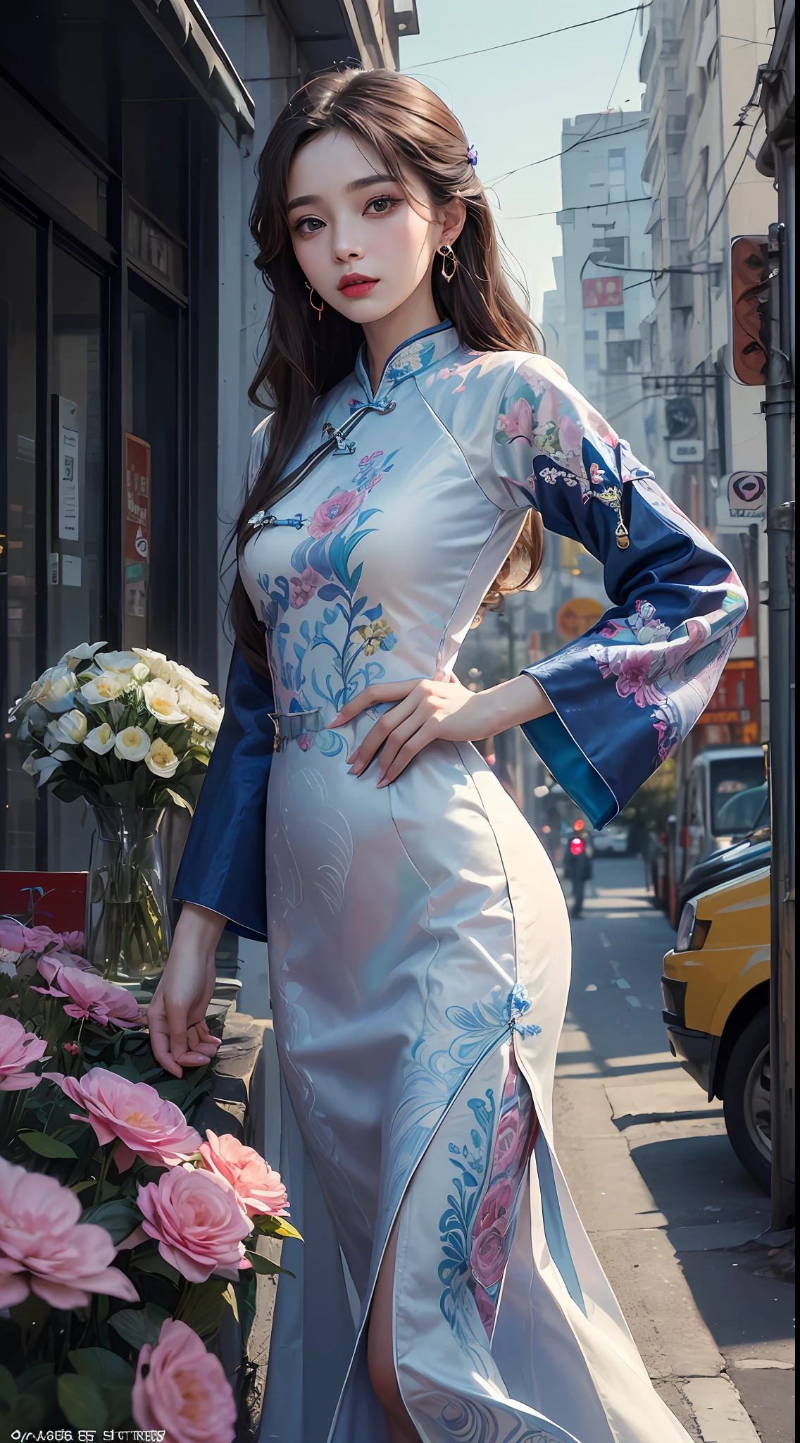 (masterpiece, top quality, best quality, official art, beautiful and aesthetic:1.2), (a beautiful girl in vintage aodai:1.3), extremely detailed,(fractal art:1.1),(colorful:1.1)(flowers:1.3),highest detailed,(zentangle:1.2), (dynamic pose), street, cyberpunk, (shiny skin), (many colors:1.4), ,(earrings:1.4),
