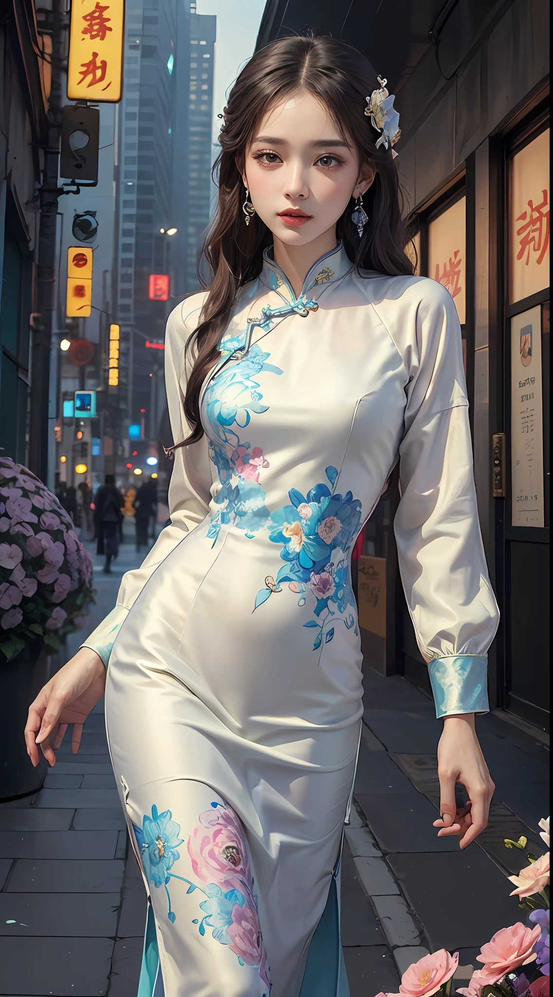 (masterpiece, top quality, best quality, official art, beautiful and aesthetic:1.2), (a beautiful girl in vintage aodai:1.3), extremely detailed,(fractal art:1.1),(colorful:1.1)(flowers:1.3),highest detailed,(zentangle:1.2), (dynamic pose), street, cyberpunk, (shiny skin), (many colors:1.4), ,(earrings:1.4),