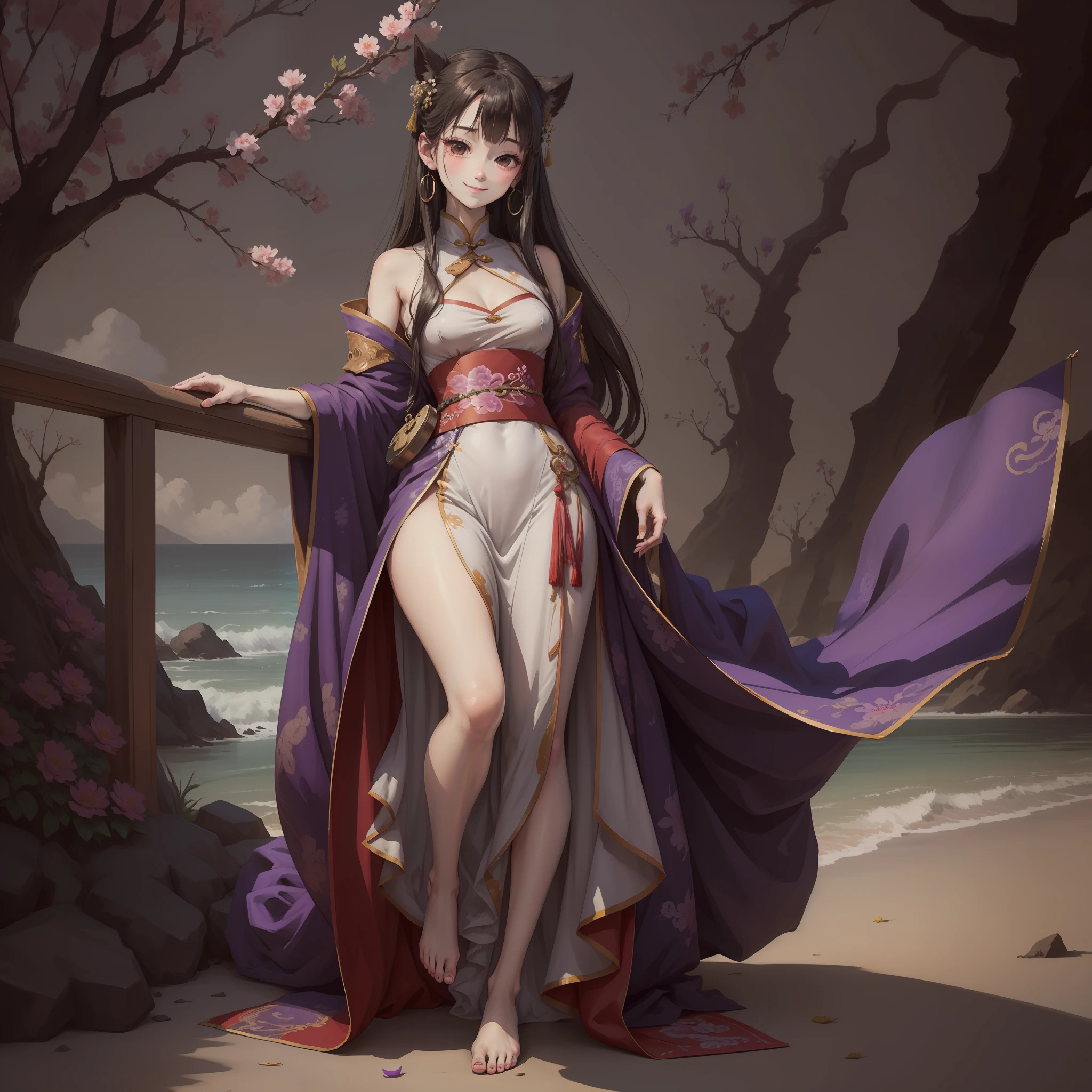 ((4K,master-piece,Best quality)), shuimobysim, Traditional chinese painting, ink, Hanfu, maxiskit, Dress conservatively 1girl, 独奏,Long purple hair, smiled, Side leaning, A smile, barefeet，Sea of flowers，starsky ，Perfect body proportions，Perfect limbs