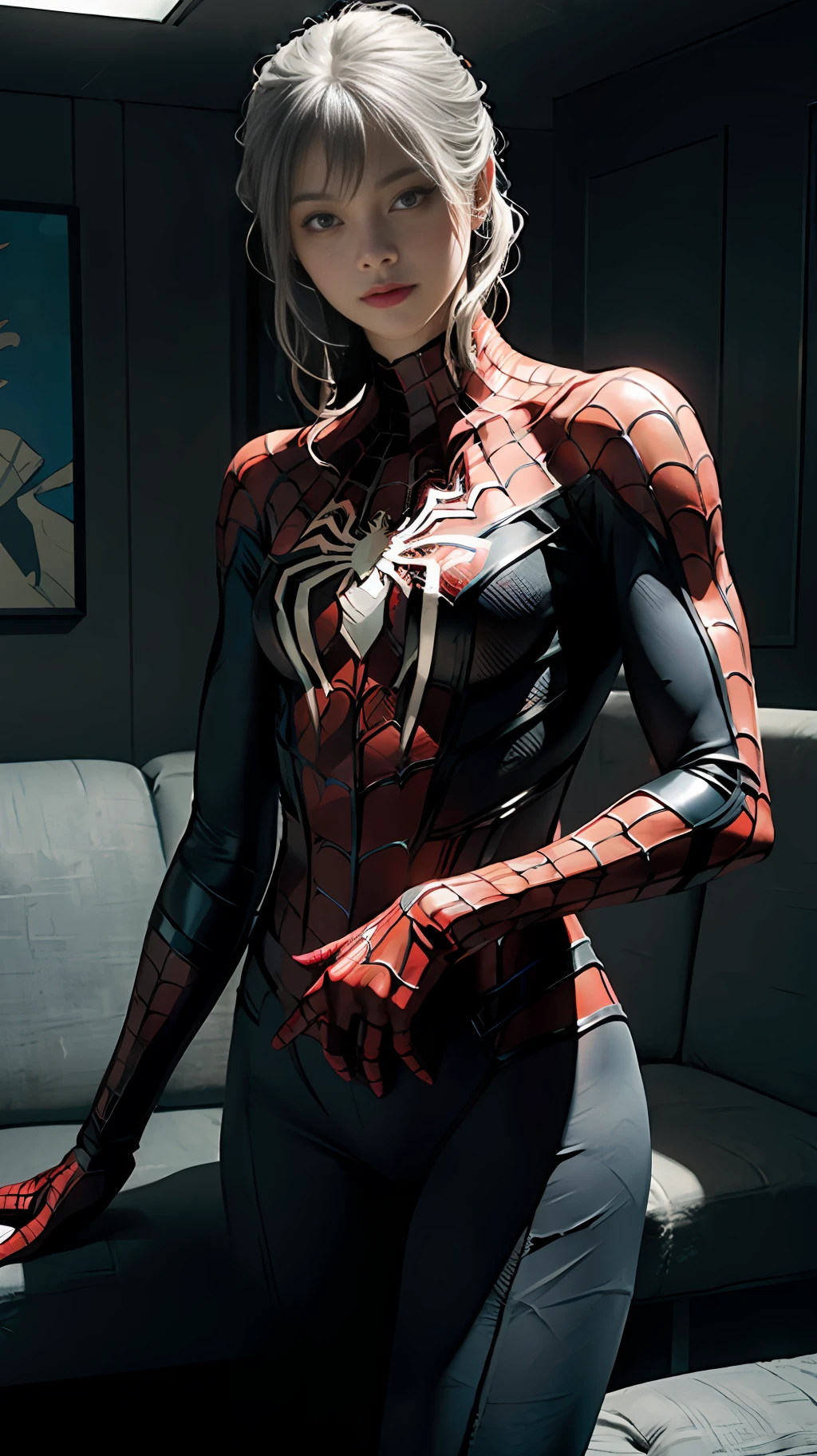 (Extreme Detail CG Unity 8K wallpaper, masterpiece, highest quality), (Exquisite lighting and shadow, highly dramatic picture, Cinematic lens effect), a girl in a white Spider-Man costume, silver gray hair color, from the Spider-Man parallel universe, Wenger, Marvel, Spider-Man, sitting on the couch, dynamic pose), (excellent detail, excellent lighting, wide angle), (excellent rendering, enough to stand out in its class), focus on white Spider-Man costumes, complex spider textures