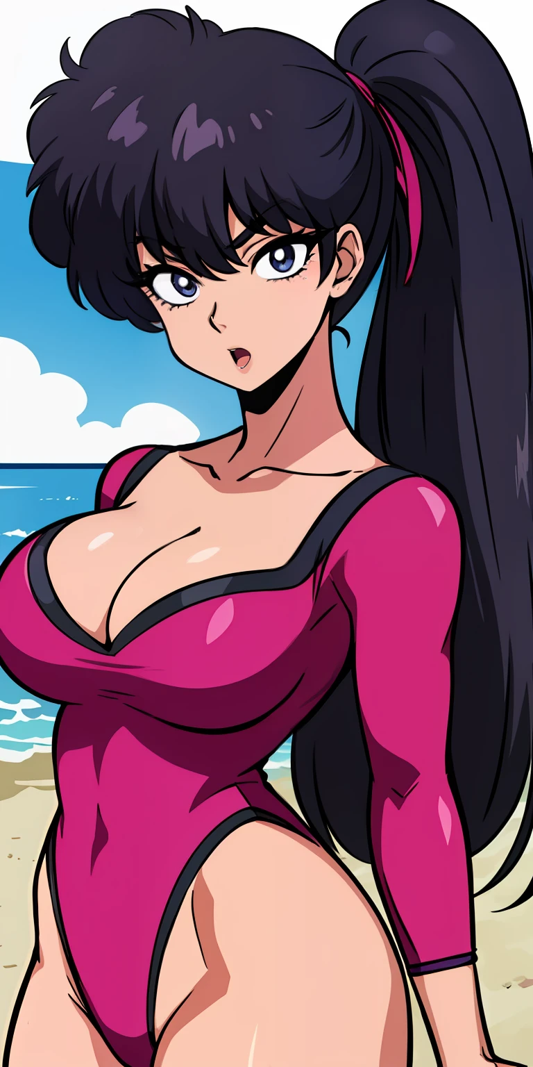 KodachiKunou, solo, standing, large_breasts, KodachiPinkLeotard, masterpiece, best quality, detailed face, detailed eyes, highres,, beach