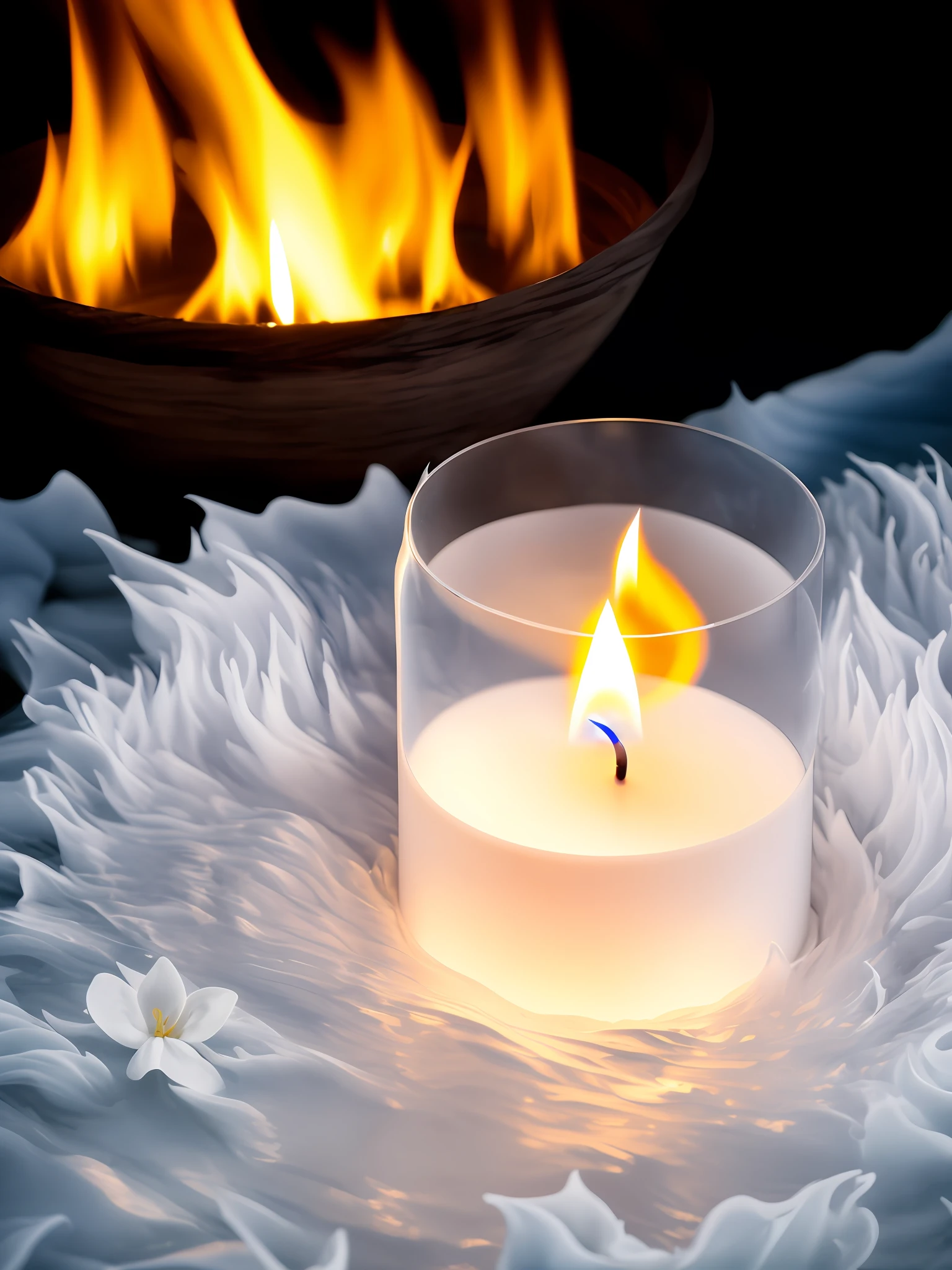 There is a cream white candle in a transparent glass sitting on a blue carpet, candle wax, white candles, waxy candles, natural candle lighting, jasmine, white wax, waxy candles, high key, high - key, candle lit, a white background, waxy candles, candle dripping white wax, soft texture, softly lit, is a stunning, high key, beautifully lit,sea waves，high-definition，Big flames，realistically，facticity