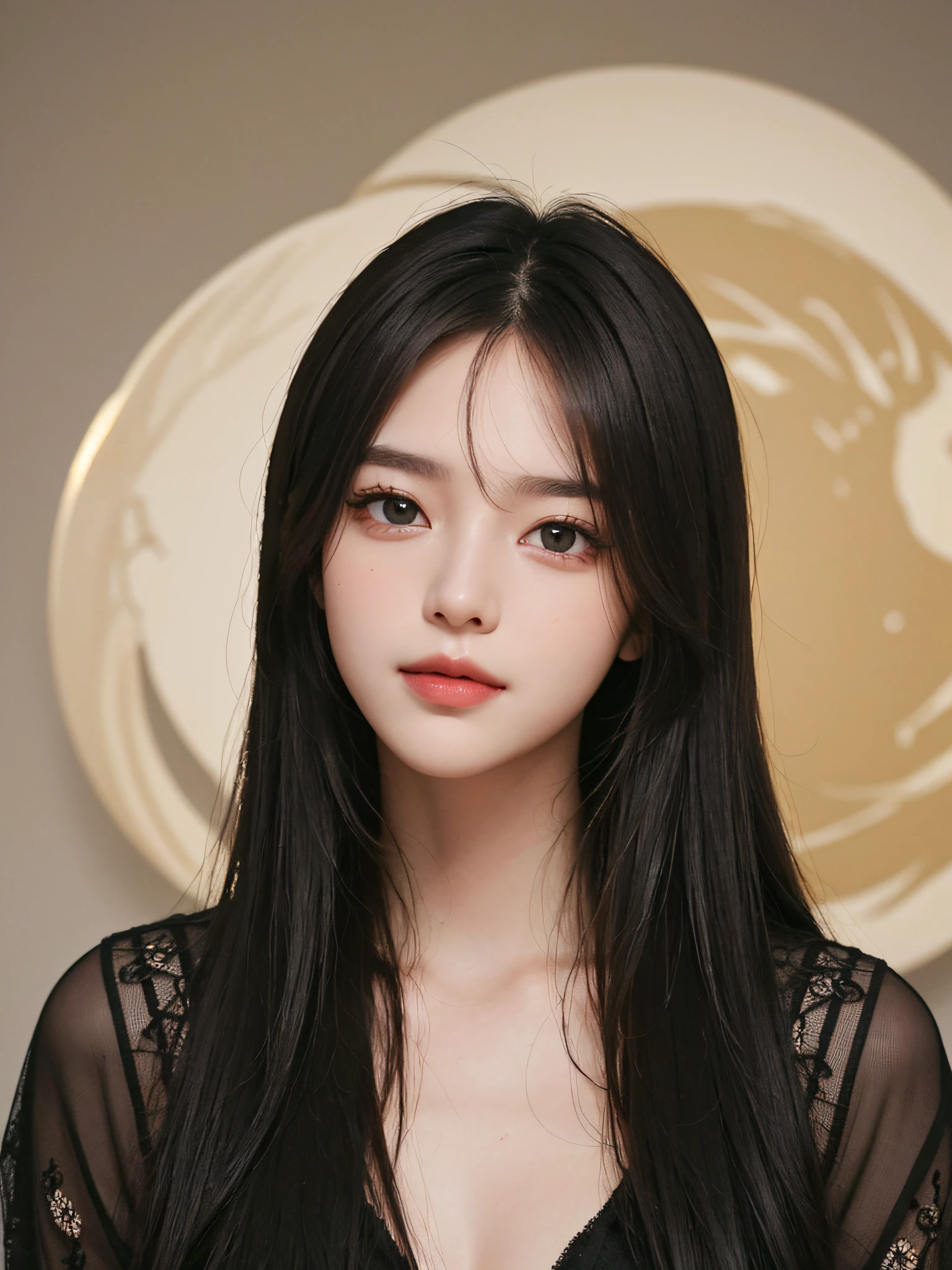 Masterpiece, best picture quality, high quality, beautiful woman, Japanese, popular Korean makeup, detailed, swollen eyes, detailed eyes, detailed skin, beautiful skin, ultra high resolution, (reality: 1.4),very beautiful, slightly younger face, beautiful skin, slender, (ultra realistic), (illustration), (high resolution), (8K), (very detailed) (best illustration), (beautifully detailed eyes), (super detailed), (wallpaper), (detailed face), looking at viewer, fine details, detailed face, pureerosfaceace_v1, smiling, looking straight ahead, looking straight ahead, angle from waist up, realistic photo, bright lighting, professional lighting, black hair (some of hair part green), long hair, dark ruins, big red moon, gorgeous red and black dress, mature woman, long stylish bangs,