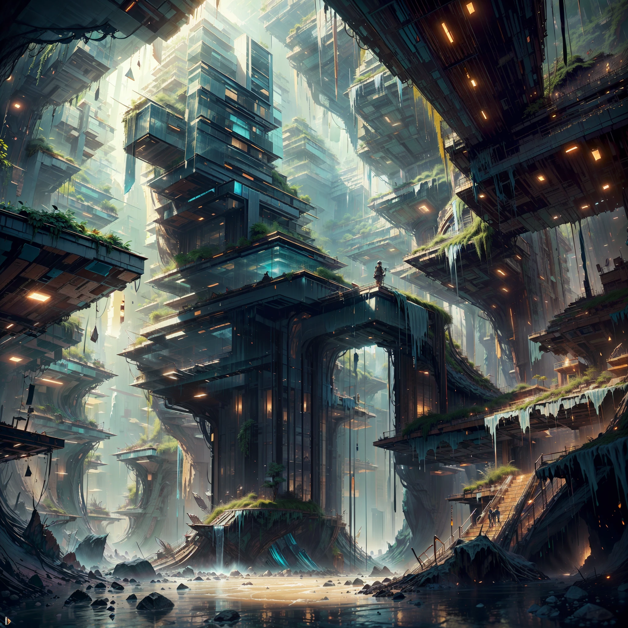 :an awesome sunny cheerful day environment concept art of Futuristic design of cave architecture interiors concept art on grand Canyon caves nature architecture, proportional,detailed, cave architecture nature meets futuristic architecture on a rainforest jungle cliff with huge waterfalls,Crepuscular rays, nature meets modern architecture in the style of Aries Moross, Rem Koolhaas,Daniel Libeskind, Jean Nouvel, Paolo Soleri,Toyo Ito and Philip Johnson with Dry brush drawing style ,Chiaroscuro village,cliff side residential area, mixed development,nature architecture,bright colors,high rise made up staircases, balconies, full of glass facades,carved from rocks, masterpiece, proportional, detailed, trending on artstation, beautiful lighting, realistic, intricate