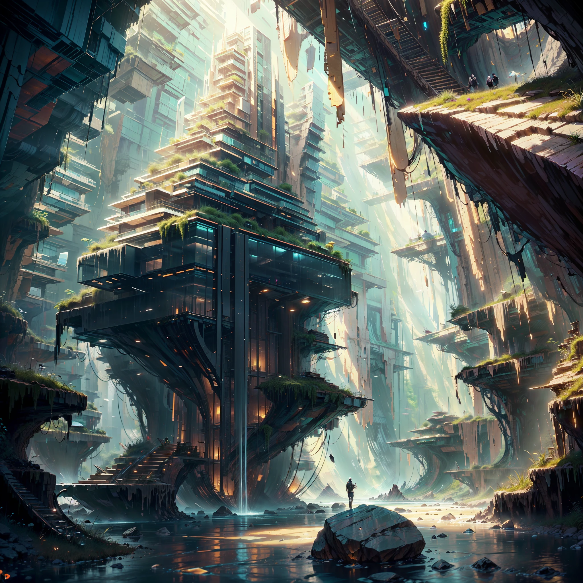 :an awesome sunny cheerful day environment concept art of Futuristic design of cave architecture interiors concept art on grand Canyon caves nature architecture, proportional,detailed, cave architecture nature meets futuristic architecture on a rainforest jungle cliff with huge waterfalls,Crepuscular rays, nature meets modern architecture in the style of Aries Moross, Rem Koolhaas,Daniel Libeskind, Jean Nouvel, Paolo Soleri,Toyo Ito and Philip Johnson with Dry brush drawing style ,Chiaroscuro village,cliff side residential area, mixed development,nature architecture,bright colors,high rise made up staircases, balconies, full of glass facades,carved from rocks, masterpiece, proportional, detailed, trending on artstation, beautiful lighting, realistic, intricate