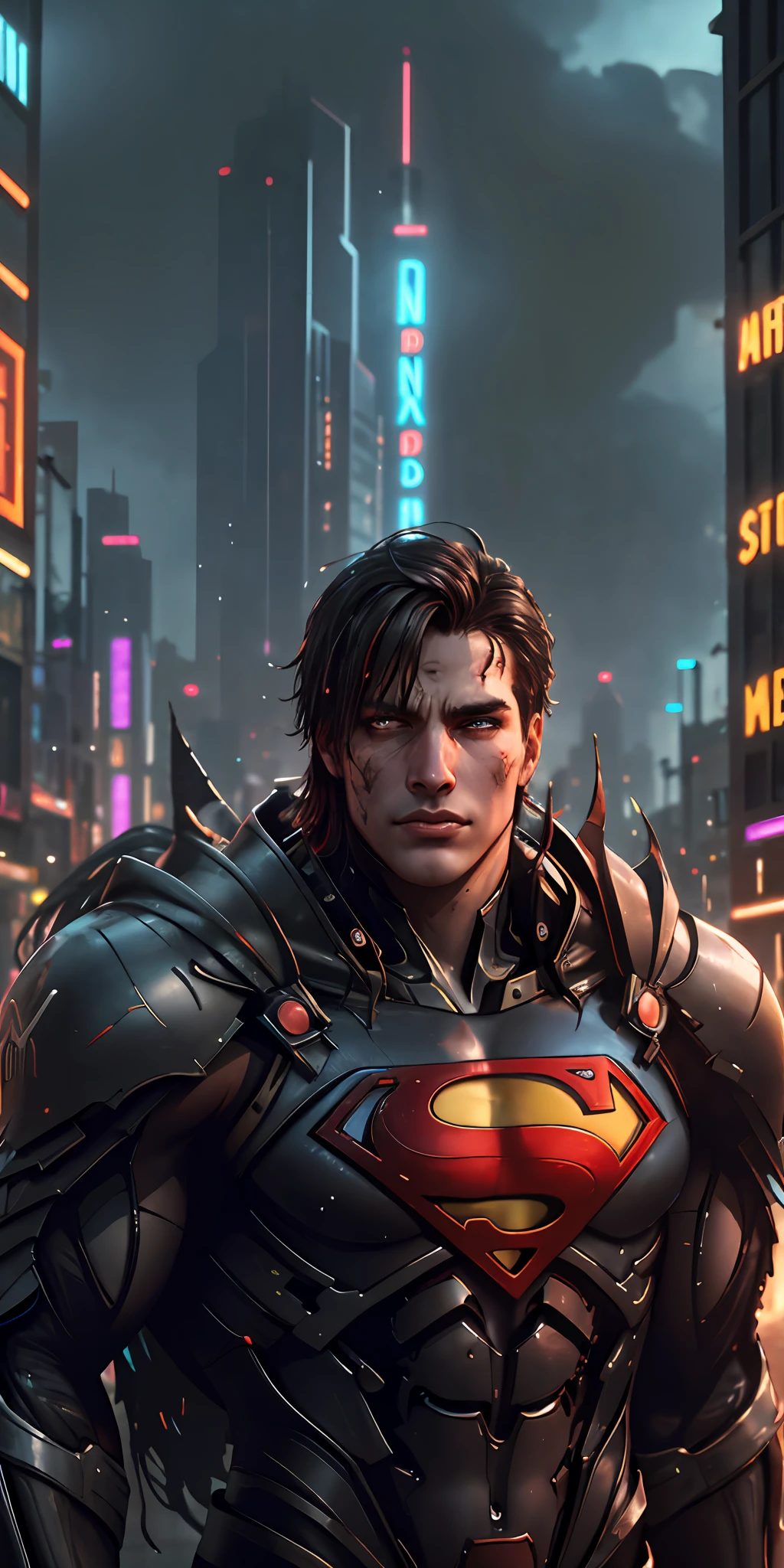 Superman high-tech stands imposing in a cyberpunk city. Neon highlights your muscles and scars. The scenery is lush and mysterious, with rain and surroundings. The camera details everything, neon lights, rain