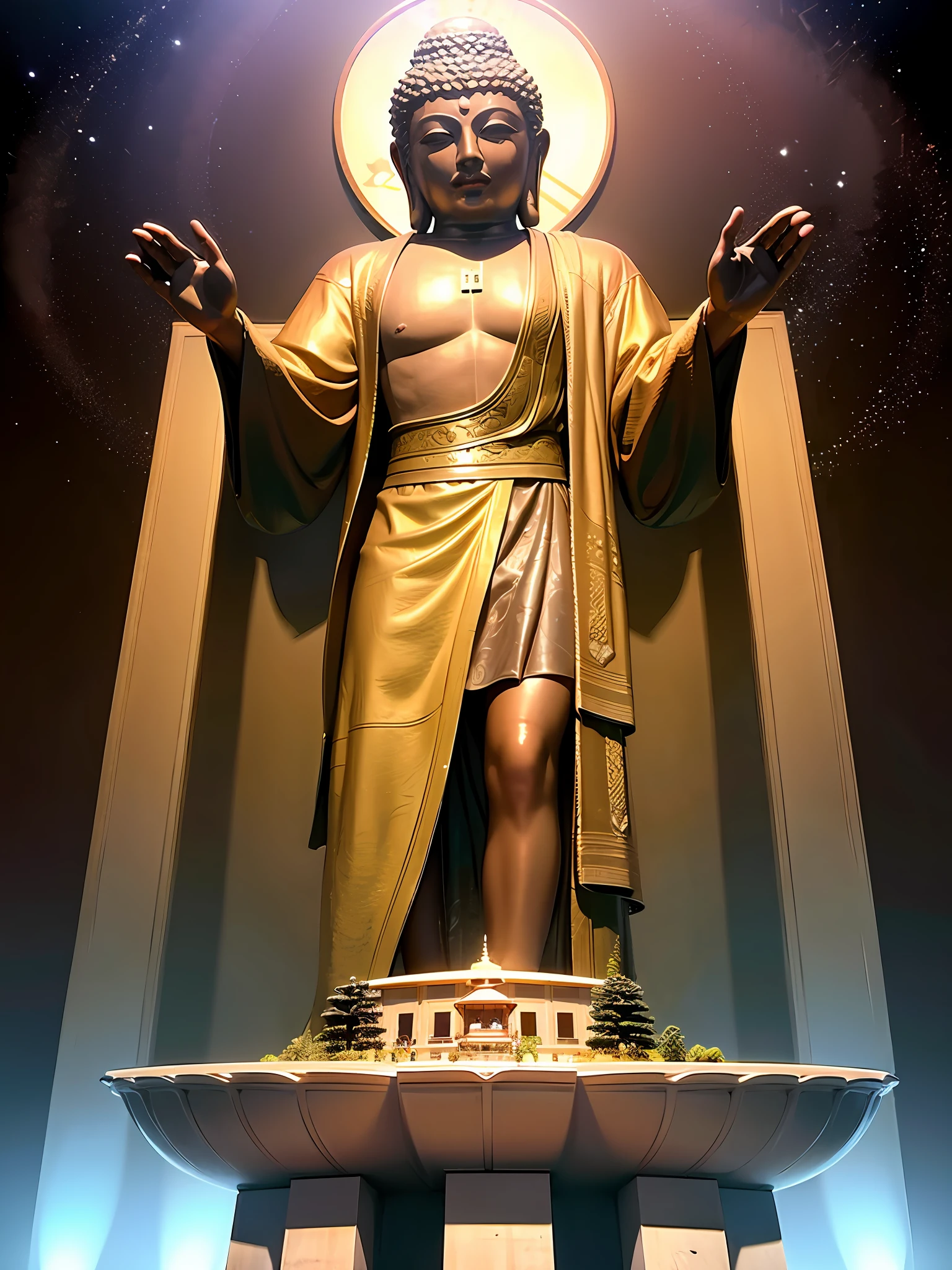 Maitreya, Maitreya Buddha, Maitreya, a large golden Buddha statue sitting in a room with a blue ceiling and a background of blue sky, clouds, above_clouds, airship, aurora, bridge, building, castle, chimney, city, city_lights, cityscape , clock, clock tower, clouds, cloudy sky, constellations, crescent, desert, earth_\(planet\), fireworks, floating islands, fountains, galaxies, glowing, houses, islands, lampposts, lanterns, light particles , galaxy, moon, mountain, night, night sky, no_humans, planet, landscape, meteor, sky, skyline, skyscraper, snow, snowing, space, star_\(sky\), star_\(symbol\), starry_sky, starry_sky_print, telescope, tower, town, twilight, ship