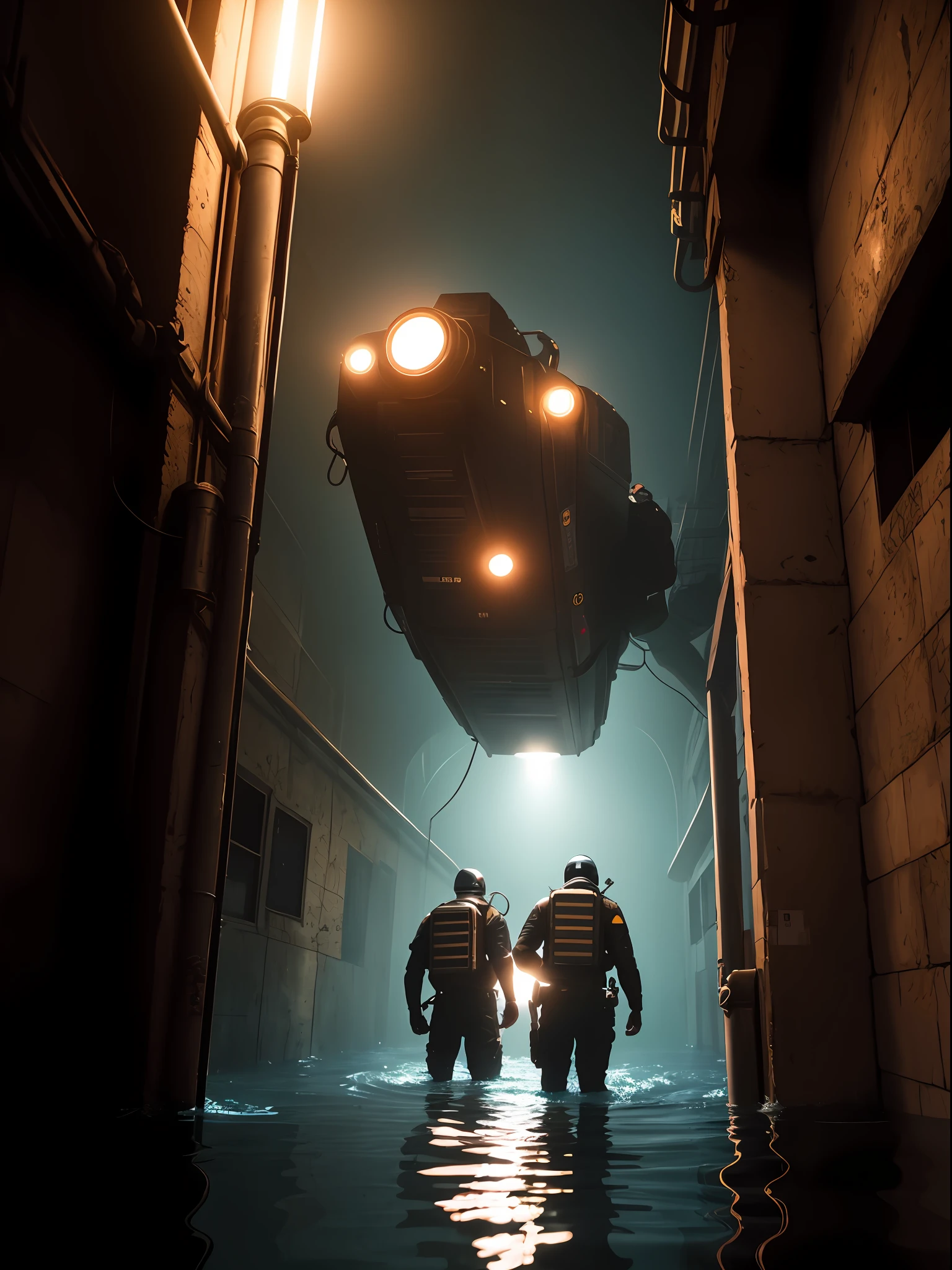 obra-prima, a group of smugglers operating in a system of flooded underground tunnels, using advanced diving equipment to move stealthily., noite, aesthetic cyberpunk, action movie shot by Kon Satoshi, Very detailed lighting, Dramatic, trending digital art in Artstation 8k HD realistic detailed high definition, detalhado, textura da pele, hiper detalhado, textura de pele realista, armadura, melhor qualidade, ultra alto nada, (fotorrealista: 1.4), Highresolution, detalhado, foto crua, sharp re, por Lee Jeffries Nikon D850 Film Fotografia de Stock 4 Kodak Portra 400 Camera F1.6 lens rich colors hyper realistic texture dramatic lighting unrealengine trend in artstation cinestill 800