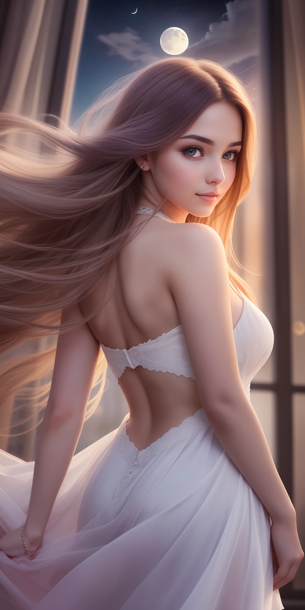 Best possible quality, (ultra resolution 8k),the most beautiful girl, the most beautiful, long hair moved by the wind, looking at the moon, serene look, looking through the window,full moon,firmament, silk dress in motion