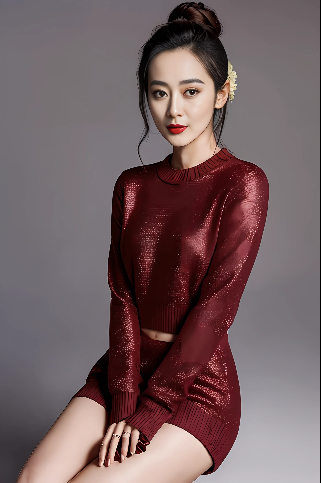 a close up of a woman sitting on a stool wearing a red sweater, dilraba dilmurat, jia, korean women's fashion model, lu ji, author：Tang Xianyun Sundara, inspired by Chen Lu, hwang se - on, shaxi, inspired by Huang Ji, inspired by Chen Chi, mingchen shen, gongbi, fanbingbing