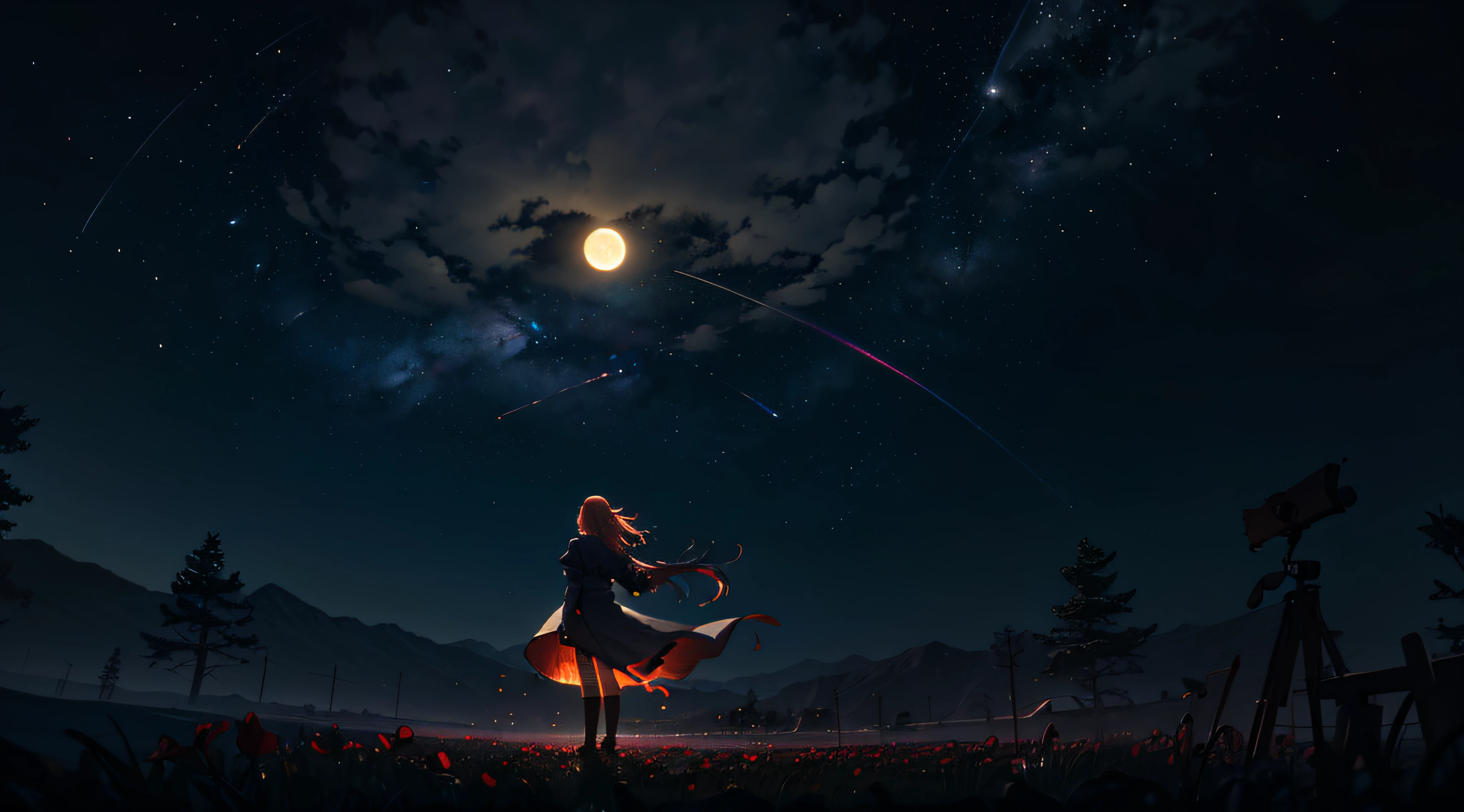 A wide landscape photo, (viewed from below, the sky is above, and the open field is below), a girl standing on a flower field looking up, (full moon: 1.2), (meteor: 0.9), (nebula: 1.3), distant mountains , Trees BREAK Crafting Art, (Warm Light: 1.2), (Firefly: 1.2), Lights, Lots of Purple and Orange, Intricate Details, Volumetric Lighting BREAK (Masterpiece: 1.2), (Best Quality), 4k, Ultra Detailed, (Dynamic Composition: 1.4), Rich in Detail and Color, (Rainbow Color: 1.2), (Glow, Atmospheric Lighting), Dreamy, Magical, (Solo: 1.2) --auto