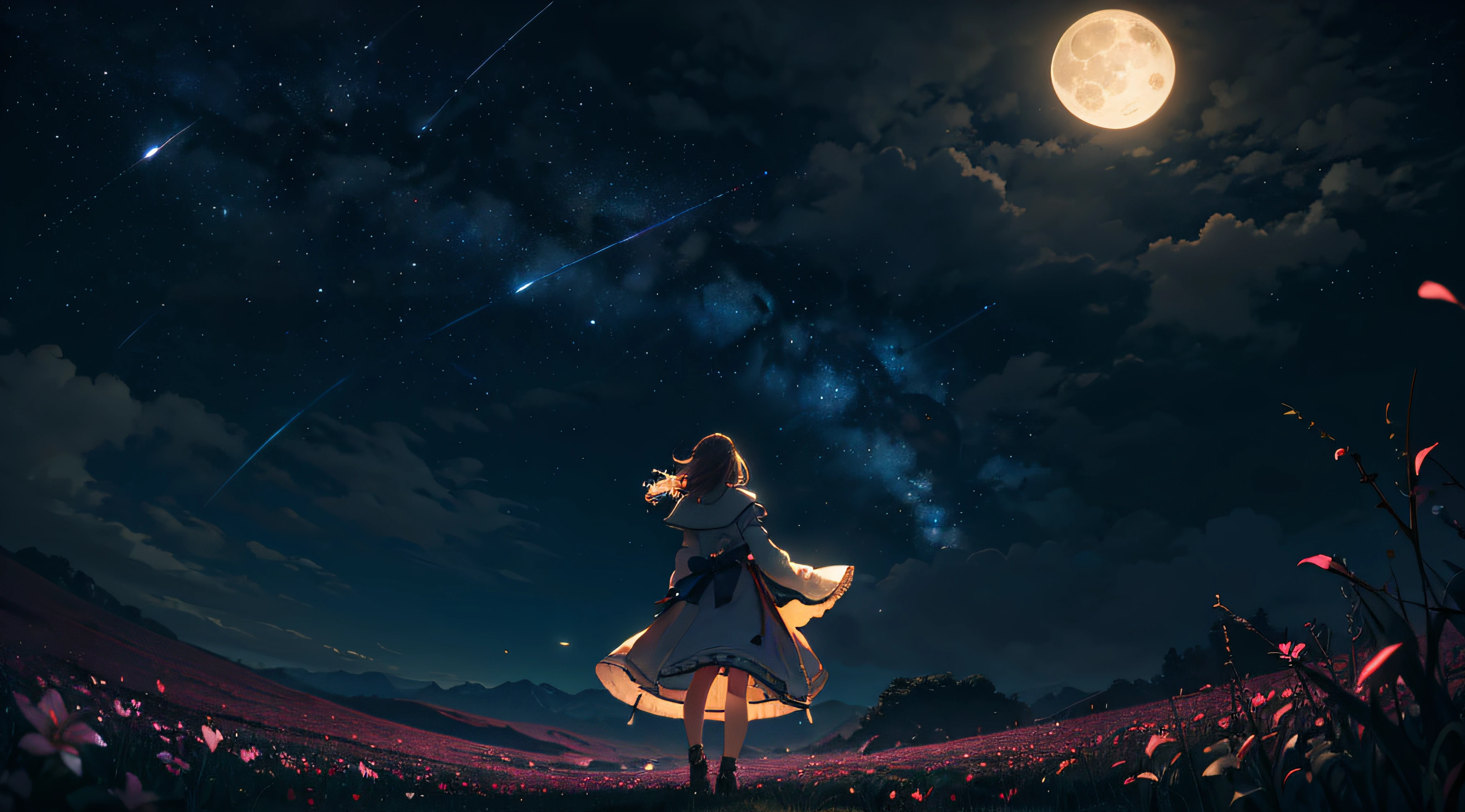 A wide landscape photo, (viewed from below, the sky is above, and the open field is below), a girl standing on a flower field looking up, (full moon: 1.2), (meteor: 0.9), (nebula: 1.3), distant mountains , Trees BREAK Crafting Art, (Warm Light: 1.2), (Firefly: 1.2), Lights, Lots of Purple and Orange, Intricate Details, Volumetric Lighting BREAK (Masterpiece: 1.2), (Best Quality), 4k, Ultra Detailed, (Dynamic Composition: 1.4), Rich in Detail and Color, (Rainbow Color: 1.2), (Glow, Atmospheric Lighting), Dreamy, Magical, (Solo: 1.2) --auto
