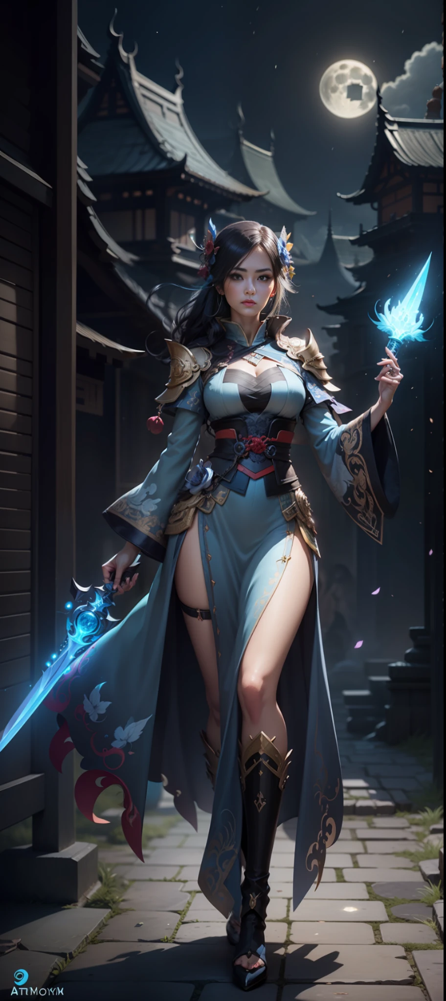 Anime girl in blue dress，With a sword and a full moon, Onmyoji detailed art, 4 k detail fantasy, 2. 5 D CGI anime fantasy artwork, 3 d render character art 8 k, artgerm detailed, 8K high quality detailed art, Art by Artgerm. highdetailed, beautiful sorceress, beautiful sorceress