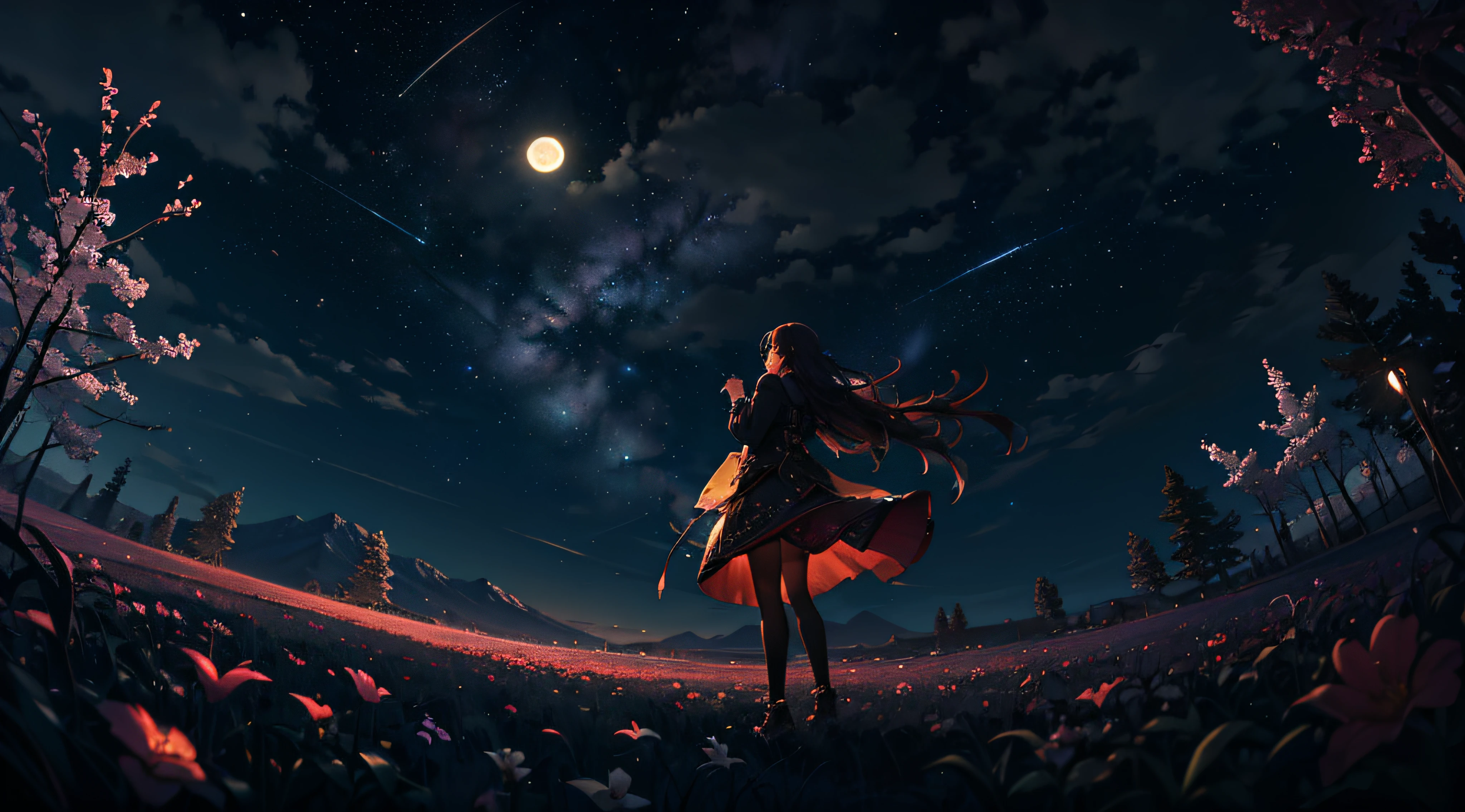A wide landscape photo, (viewed from below, the sky is above, and the open field is below), a girl standing on a flower field looking up, (full moon: 1.2), (meteor: 0.9), (nebula: 1.3), distant mountains , Trees BREAK Crafting Art, (Warm Light: 1.2), (Firefly: 1.2), Lights, Lots of Purple and Orange, Intricate Details, Volumetric Lighting BREAK (Masterpiece: 1.2), (Best Quality), 4k, Ultra Detailed, (Dynamic Composition: 1.4), Rich in Detail and Color, (Rainbow Color: 1.2), (Glow, Atmospheric Lighting), Dreamy, Magical, (Solo: 1.2) --auto