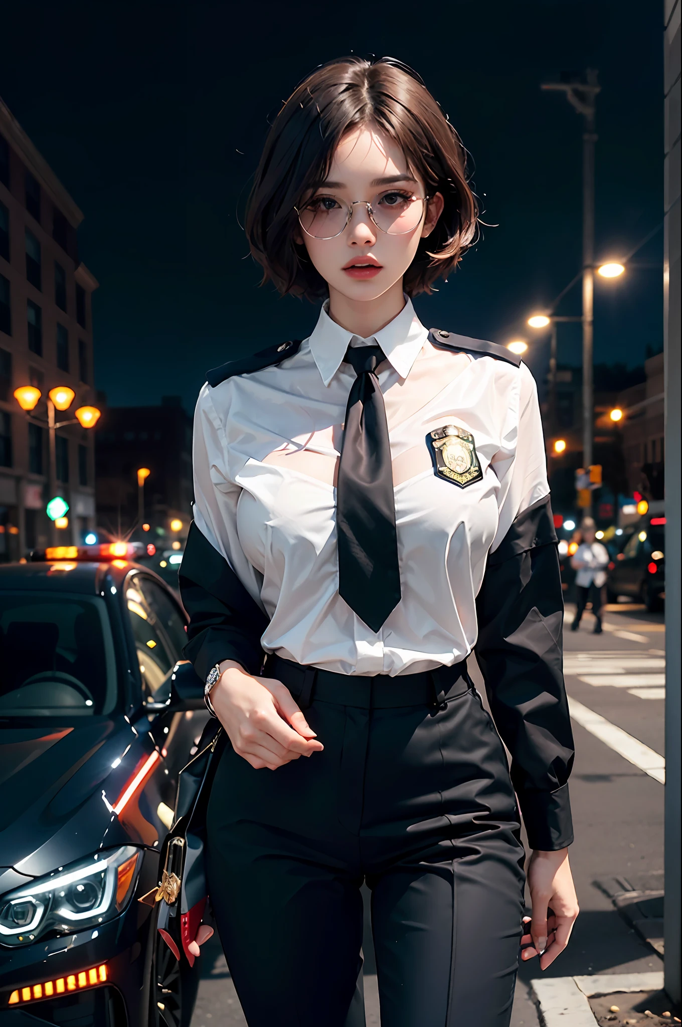 1girls, Policewoman, Delicate and beautiful face, Blush face, Short curly hair, hair spread out, Hair strips dyeing,sun glasses, Angry, parted lips, tattooed,Busty boobs, Convex buttocks, White striped shirt, With police insignia, black necktie, Black suit pants, Black high heels, mitts, Gun holding in hand, perfectly proportioned, Detailed clothing details, squad car, Police light effect, The metropolis of the future, Sci-fi sense, Cinematic lighting, filmgrain, Fujicolor, contrast between light and dark, 8K, Masterpiece, Textured skin, Super detail, highdetailed, High quality, high resolutions,