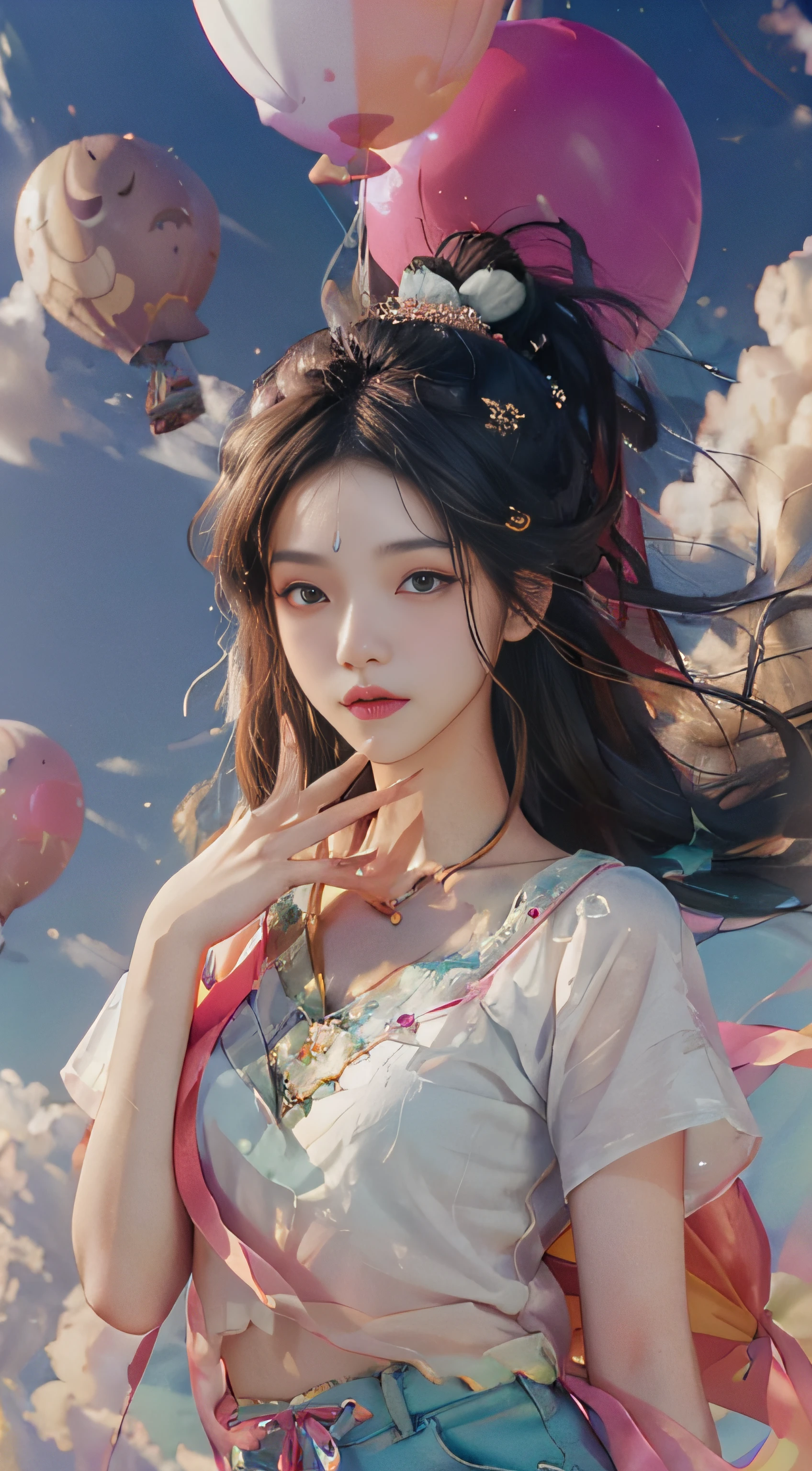 ((bust photo)), ((beautiful detailed face))), ((straight hair)), ((windy)), ((gradient eyes)), ((white cloud background)), ((chest reduction)), ((shorts)), ((high saturation)), ((balloon)), (dynamic angle),