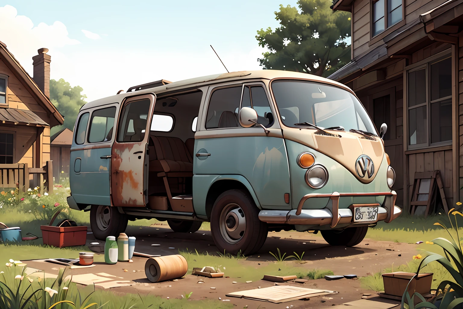 The courtyard of the family home features the presence of an old Volkswagen California. abandoned T1 model, which has clearly suffered from lack of care and maintenance over time. This VW is parked in the backyard of the house, occupying a significant portion of the space.
Their appearance shows obvious signs of abandonment. The paint has faded and peeled in many places, revealing rust stains and worn areas on its bodywork.
The windows are dirty and covered with dust, which makes it difficult to see from the outside. Some windows are broken or missing, and covered with makeshift plastic or wood sheets to protect the interior of the vehicle.
The exterior of the bus shows noticeable wear, with rust stains, peeling paint and possibly missing or damaged parts, such as mirrors or lights. The wheels are deflated and covered with dirt, giving the impression that the vehicle has been parked in the same place for a long period of time.
The area surrounding the VW is messy and neglected, with weeds or weeds growing around. There may be debris or abandoned items near the vehicle, contributing to a sense of abandonment and inattention in that yard space.