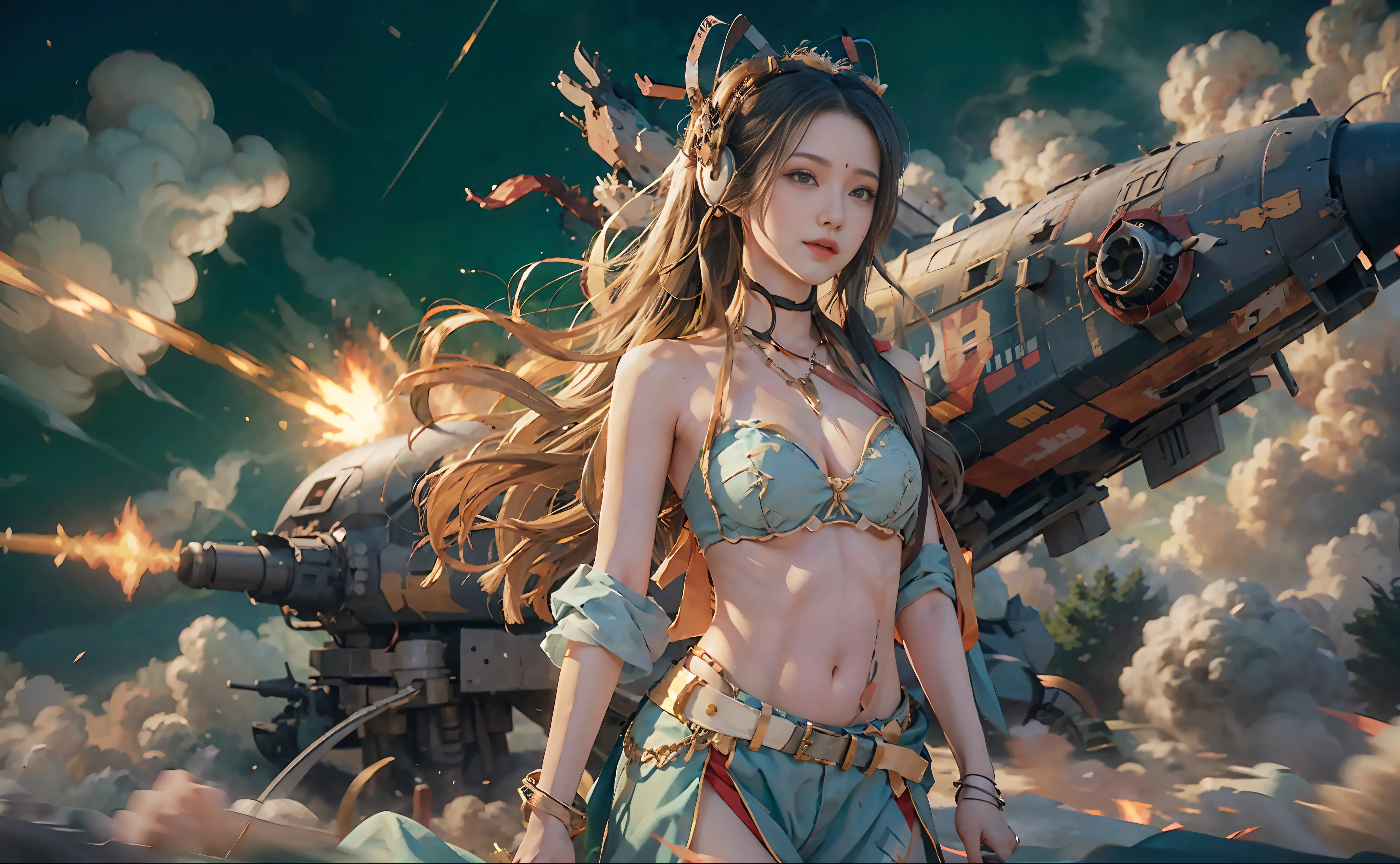 8K, best qulity, master-piece, ultra-highresolution, (Realism: 1.4),Full body appearance,Girls send futuristic combat suits,Green pupils,In the cockpit of the mech,Cloudy background,black clouds,lightening,Background of the air battlefield,Fallen plane,Flying anti-aircraft missiles,Exploding flames,Machine-made birds,Real women,Cleavage,Real face,cute girls,smiled,The perfect cyborg girl,Wearing sci-fi headphones, Beautiful female ,beutiful girl cyborg,silver-haired,manipulator,CG,
