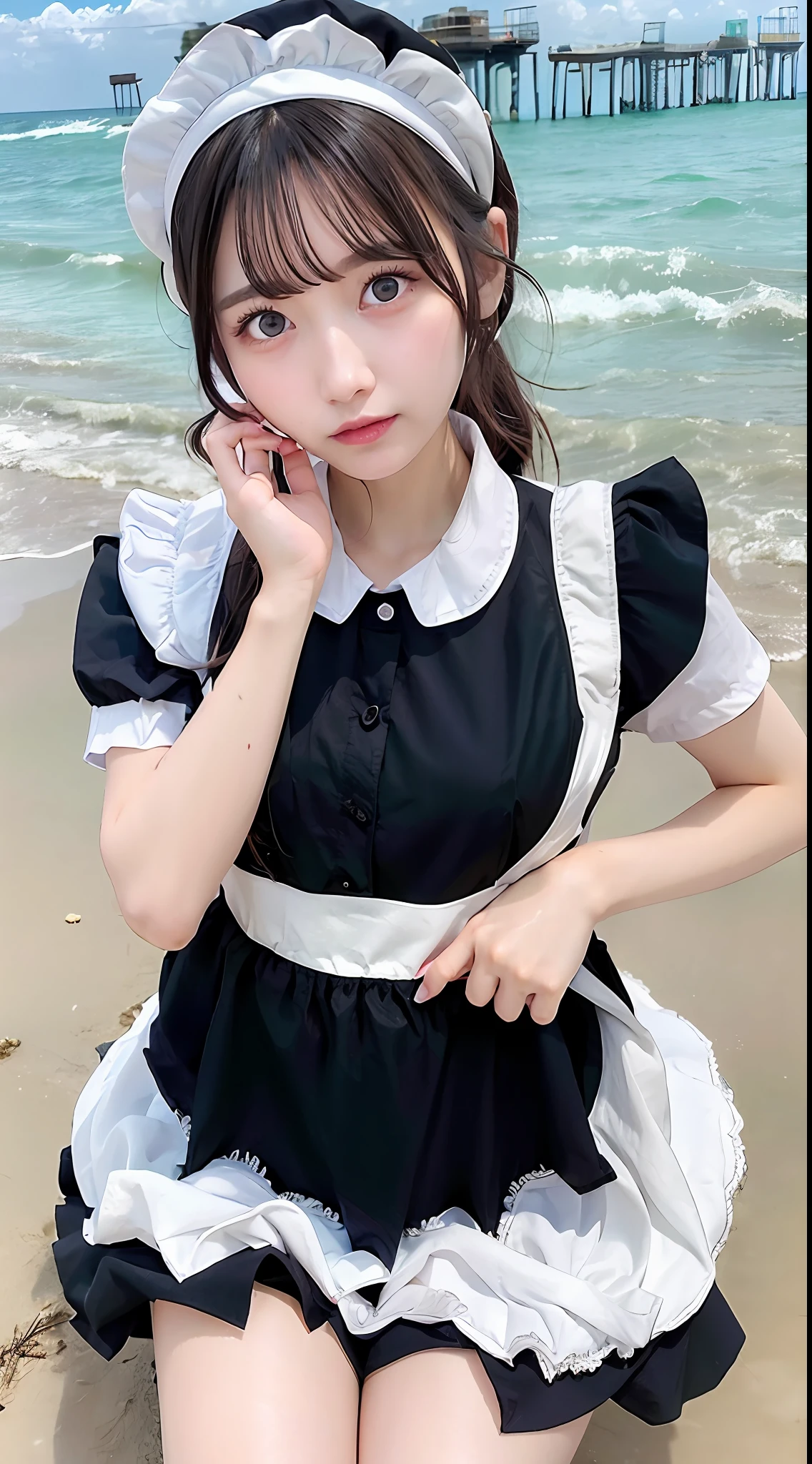 (((maid clothes)))), (((big)))), Korean, Heterochromic eyes, Small moles under the eyes, dark hair, 30 years old, nasty face, beach, pier, outdoor, mini skirt