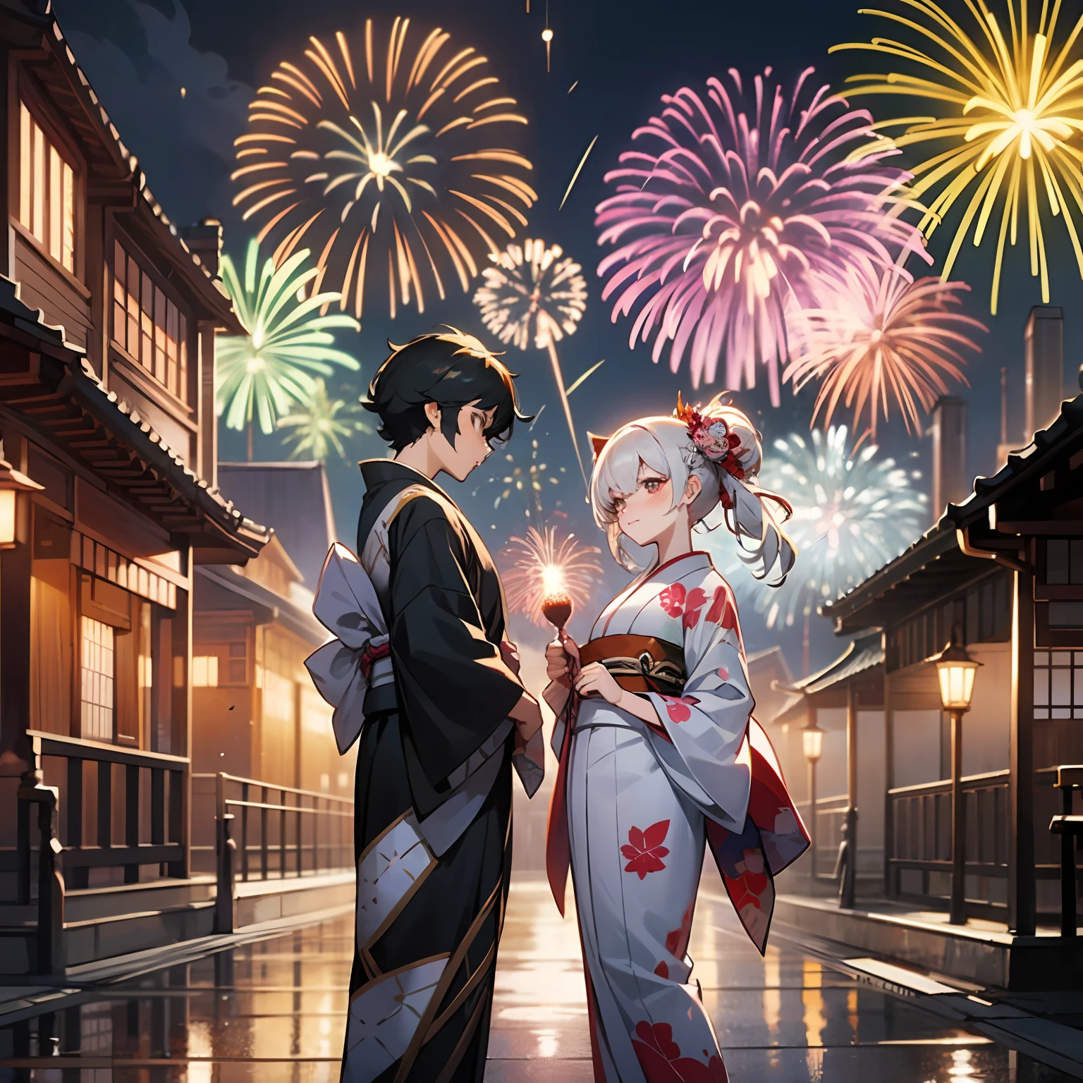 anime characters in kimono costumes standing in front of a fireworks display, artwork in the style of guweiz, anime style 4 k, guweiz on pixiv artstation, rob rey and kentaro miura style, traditional japanese concept art, [ Fireworks in the sky ]!!, guweiz on artstation pixiv, firework